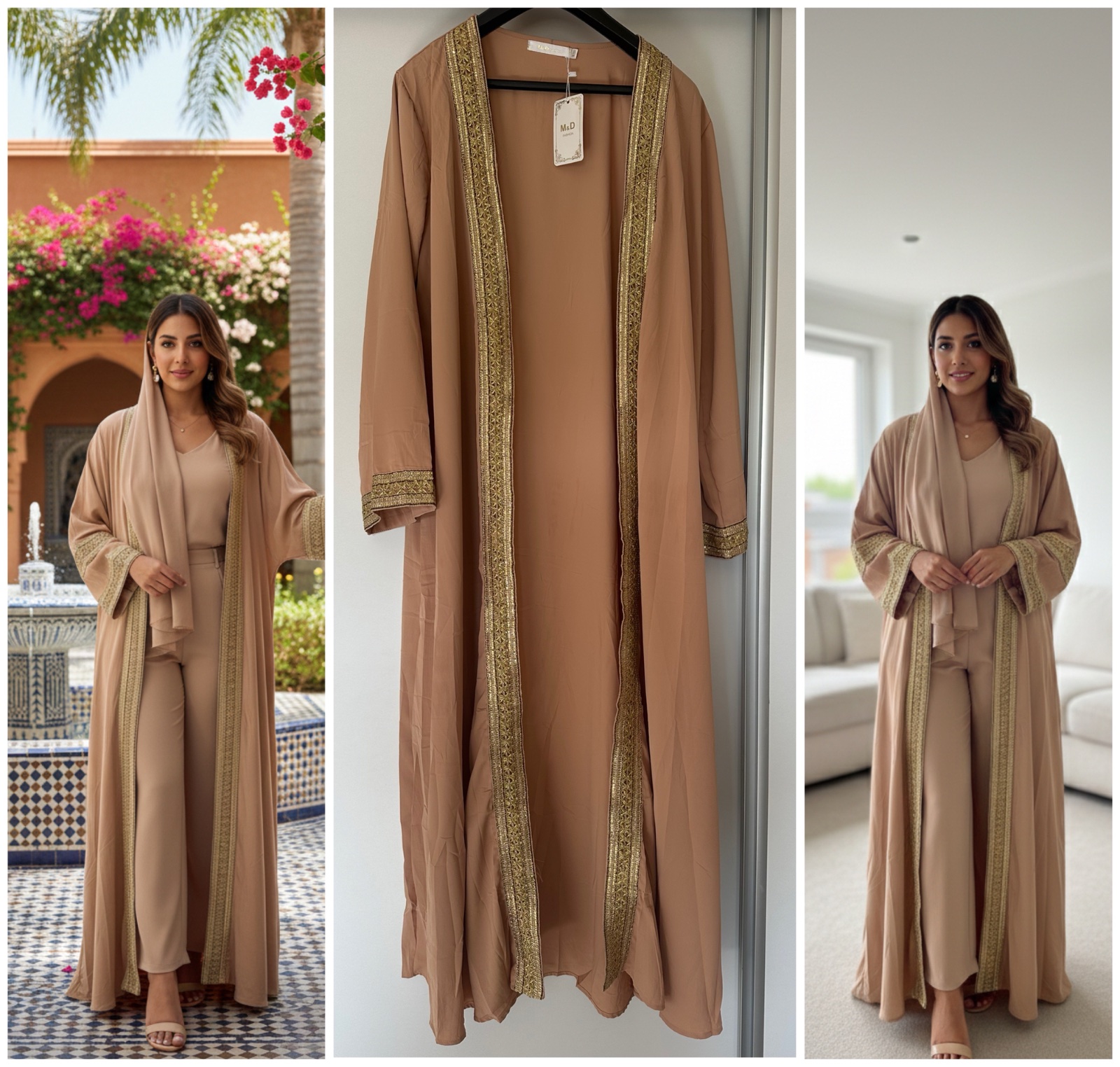 Magnifique Abaya Kimono Beige – Détails Brodés Or ✨