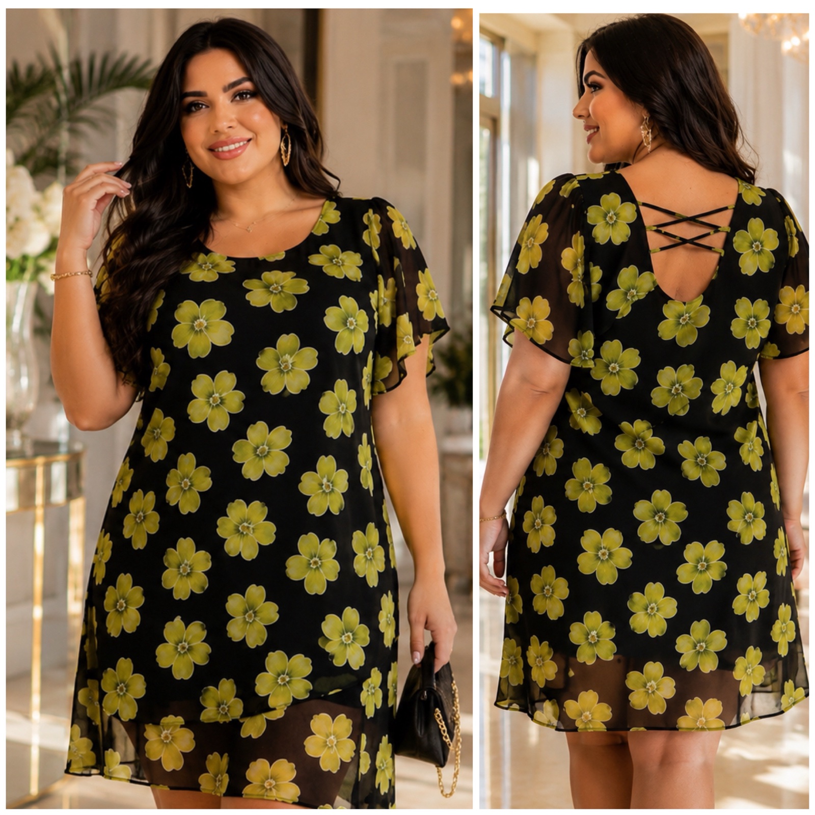 ✨ Robe Noire Fleurie Jaune Élégante & Féminine – Dos Croisé Chic – Coupe Fluide Légère & Tendance 🌼💛✨🔥🌹🥰