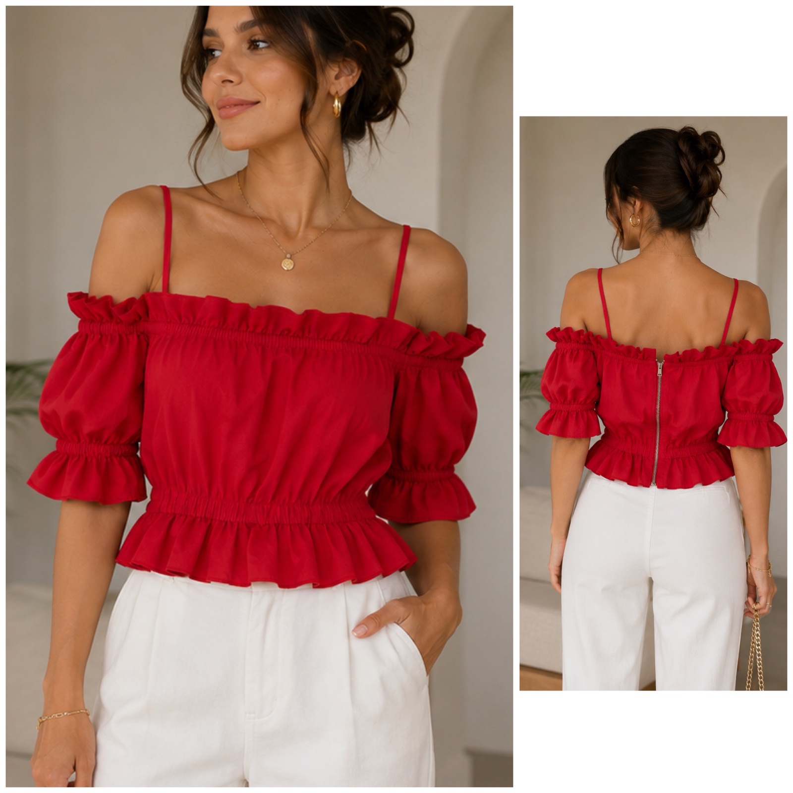 💃 Superbe Crop Top / Blouse Rouge Dégagée aux Épaules avec Fines Bretelles, Volants & Fermeture Éclair au Dos 💃🌹