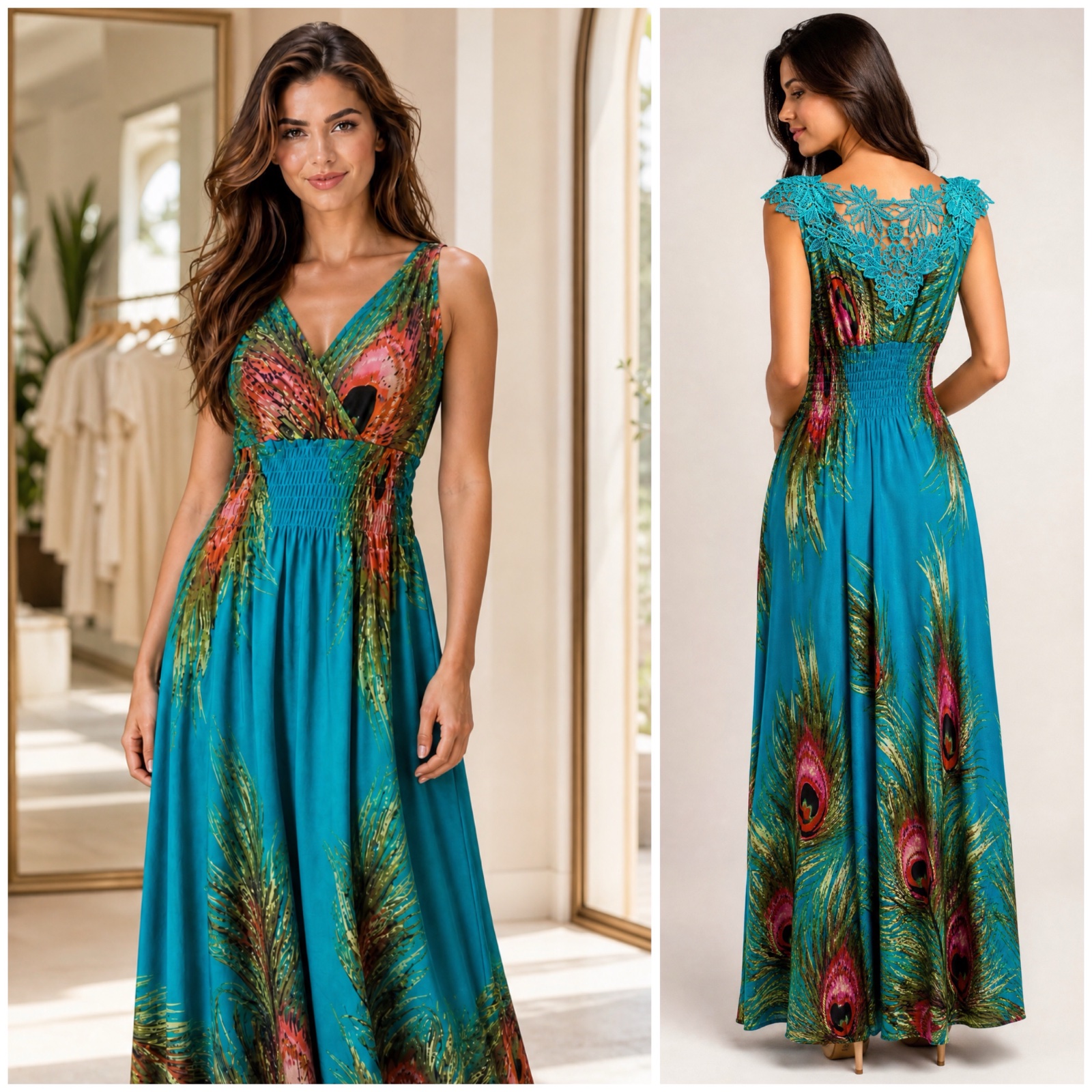 ✨ Magnifique robe longue bohème chic turquoise imprimé plumes, col V, bretelles épaisses et taille smockée – élégante, originale et idéale pour l’été, les soirées et les occasions spéciales🌹✨🥰🔥