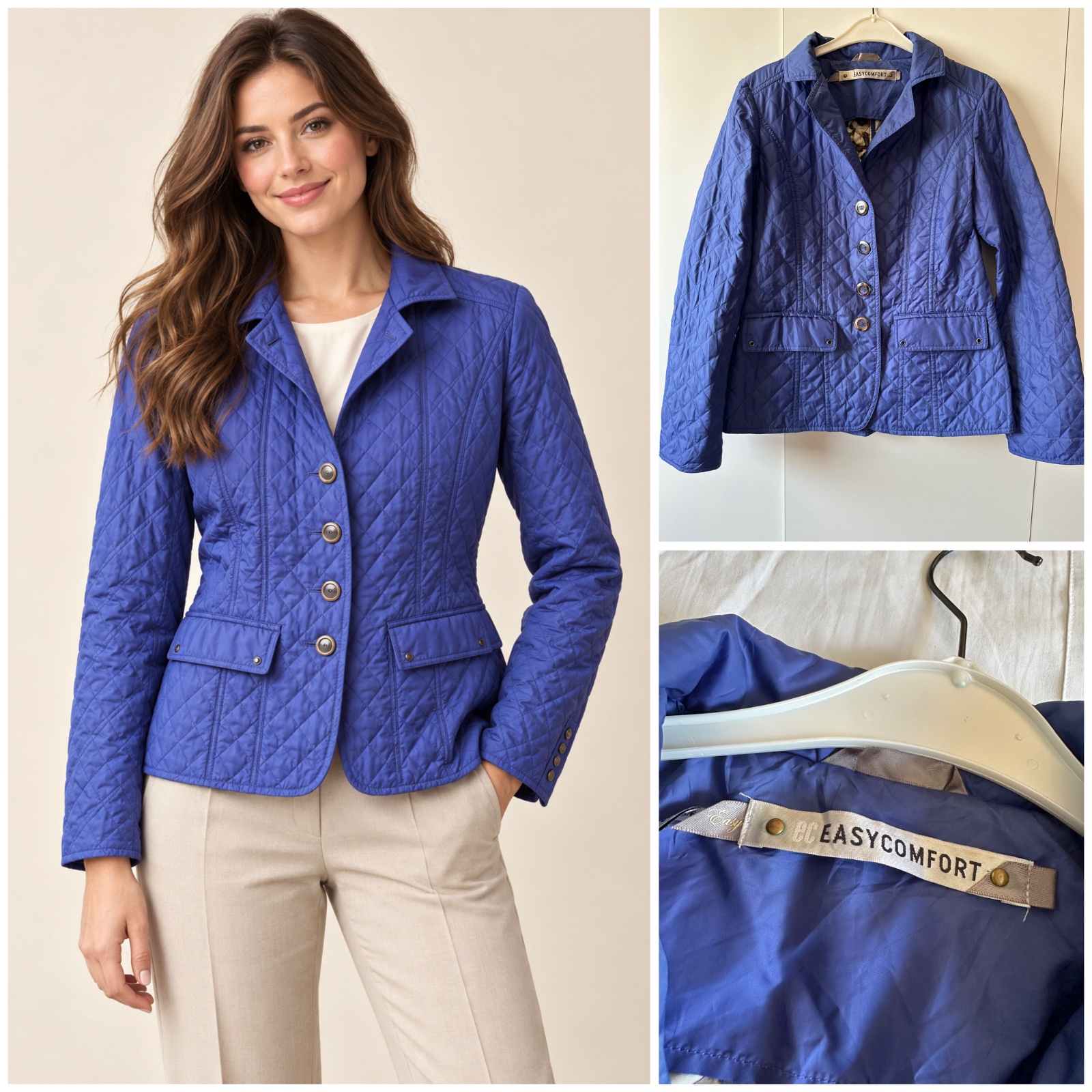 Élégante veste femme matelassée bleu roi/violet Easycomfort – coupe cintrée chic, col chemise, poches à rabat et boutons argentés 🥰🔥💙✨