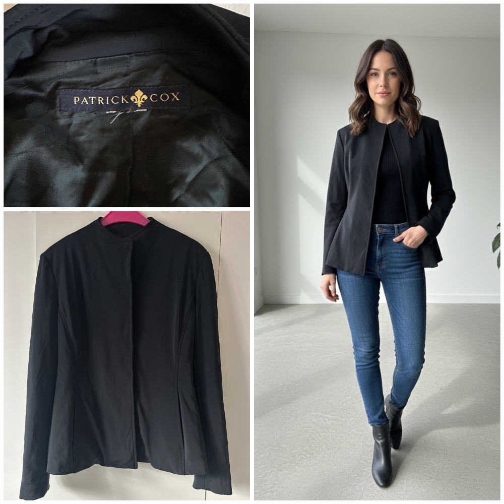 Veste élégante Patrick Cox, coupe cintrée et minimaliste. Style chic et intemporel, facile à porter au quotidien ou pour une tenue plus habillée. 🌹