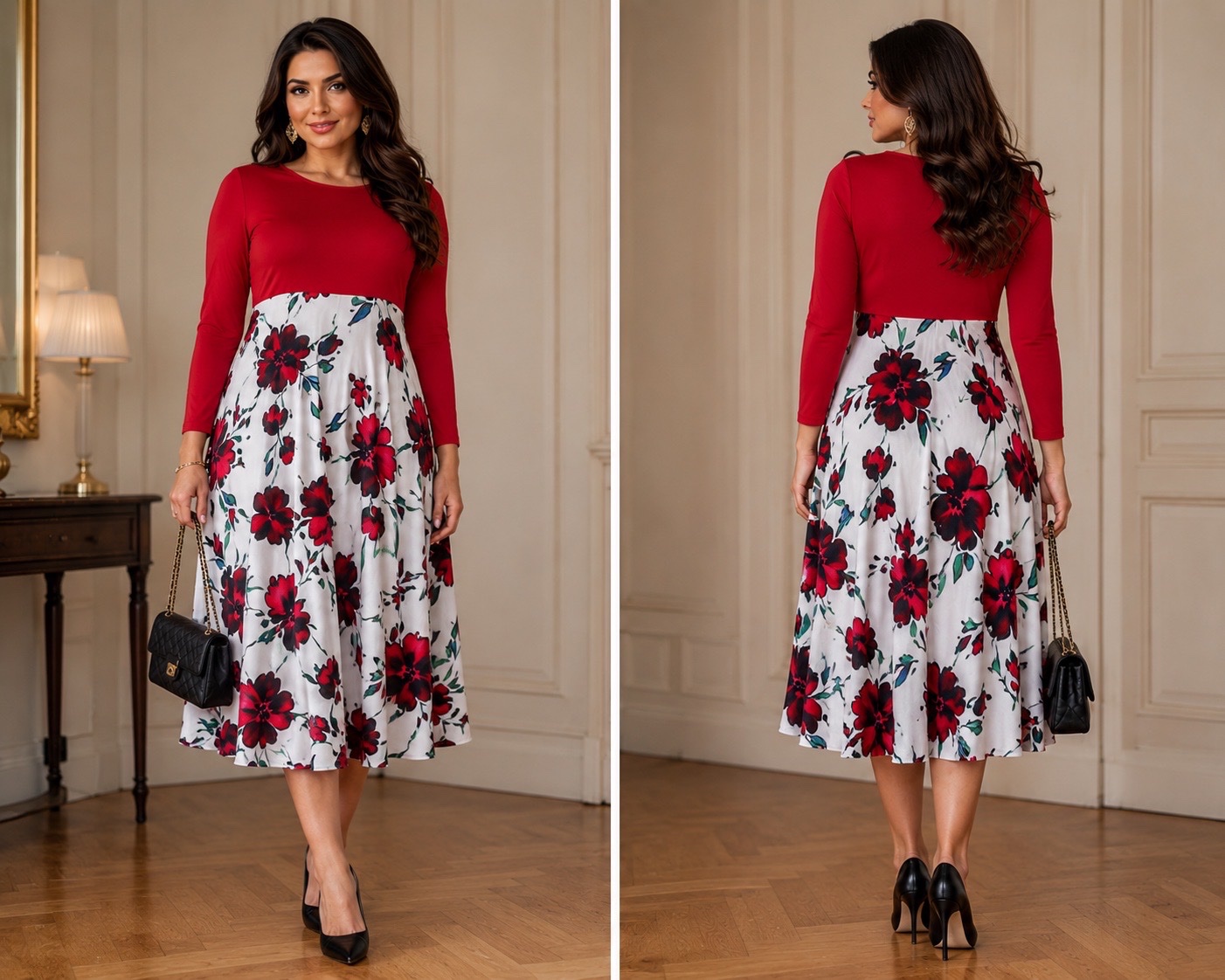 🌹 Robe Longueur Chanel Fleurie Rouge & Blanche Grande Taille 3XL – Chic Élégance Féminine & Confort 🌹🌹💞🔥🥰