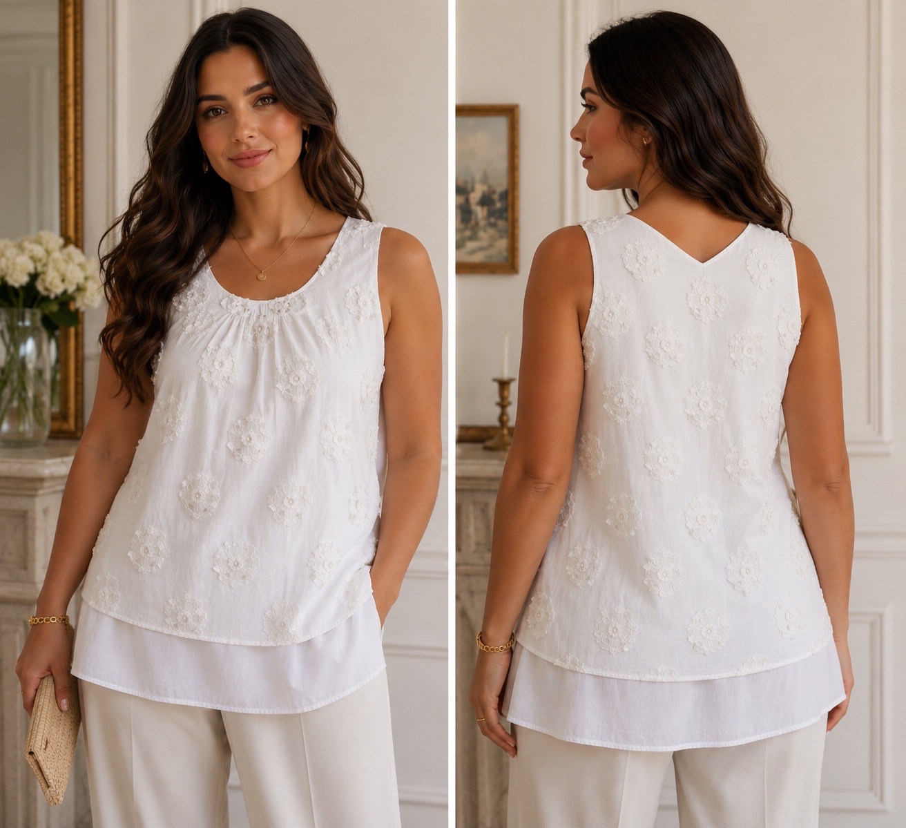 Haut blanc romantique en coton brodé 3D – Débardeur chic et élégant à détails floraux relief, coupe fluide et légère, style bohème raffiné, taille 42🥰🔥✨🤍🌸🔥🔥