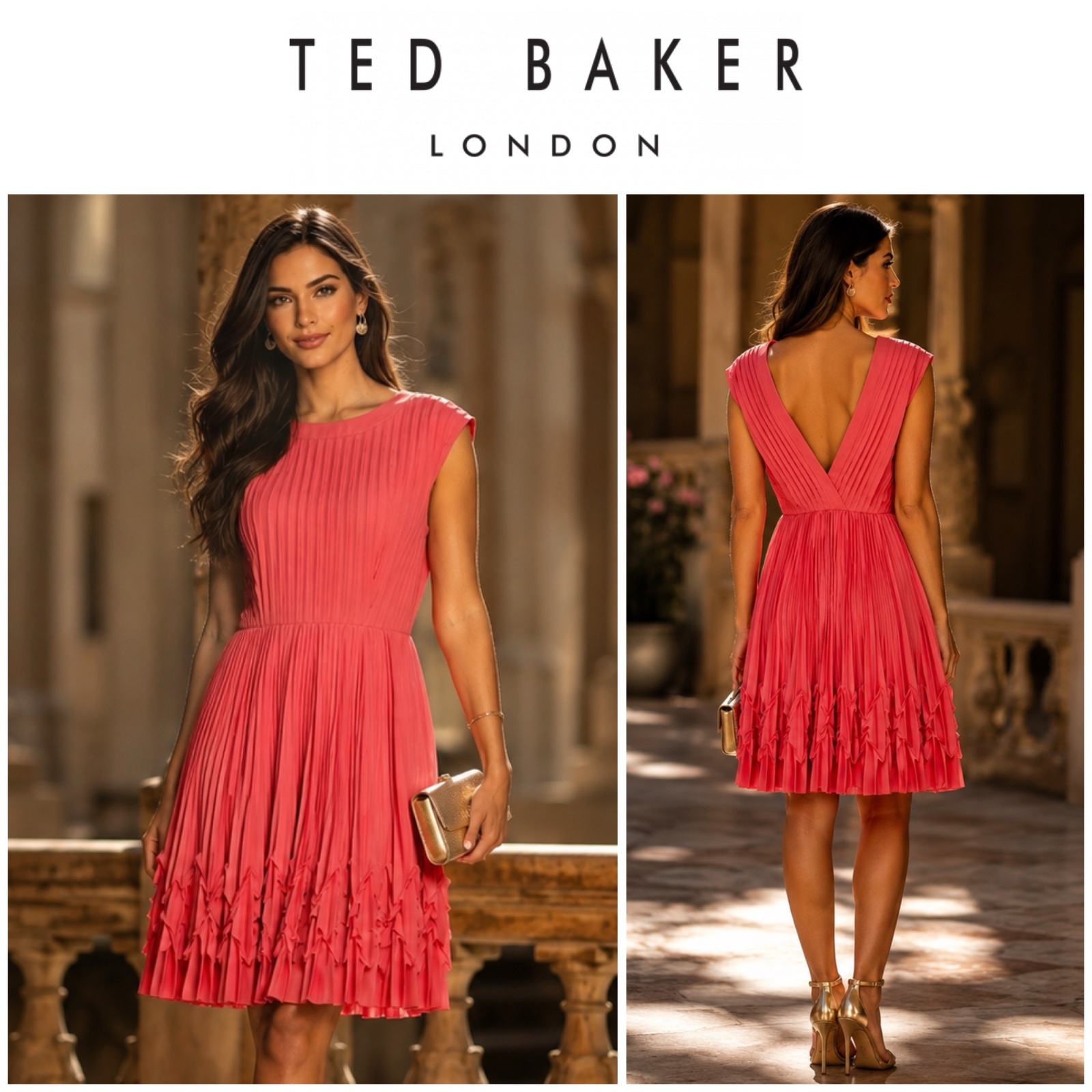 🔥🌸TED BAKER London – Magnifique robe corail plissée originale, dos en V raffiné, finitions premium, pièce de créateur intemporelle, idéale pour mariage, cocktail, soirée, cérémonie et toutes vos occasions spéciales – Taille 3 (M/L) – Excellent état🔥🌹🌸💕🌷💞