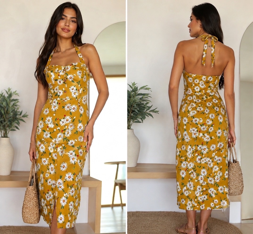 🌼✨ ROBE MIDI VINTAGE MOUTARDE À MARGUERITES 🌼🤍 | Dos Nu Élégant | Style Bohème Chic | Taille 34 (XS) | Parfaite pour l’Été, les Vacances & les Sorties ☀️👗💛