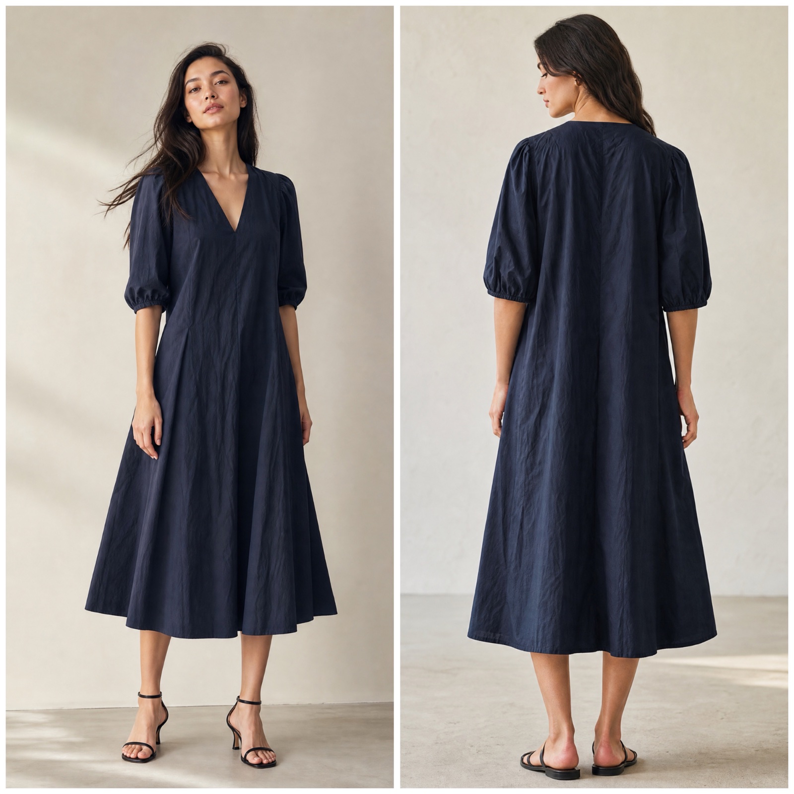 🌟💙 MARC O’POLO – Magnifique Robe Midi Bleu Marine 100% Coton ✨ Coupe Ample Élégante • Manches Bouffantes Chic • Taille 36 • Style Bohème Luxe & Intemporel 💙🌟🔥✨🌹🥰