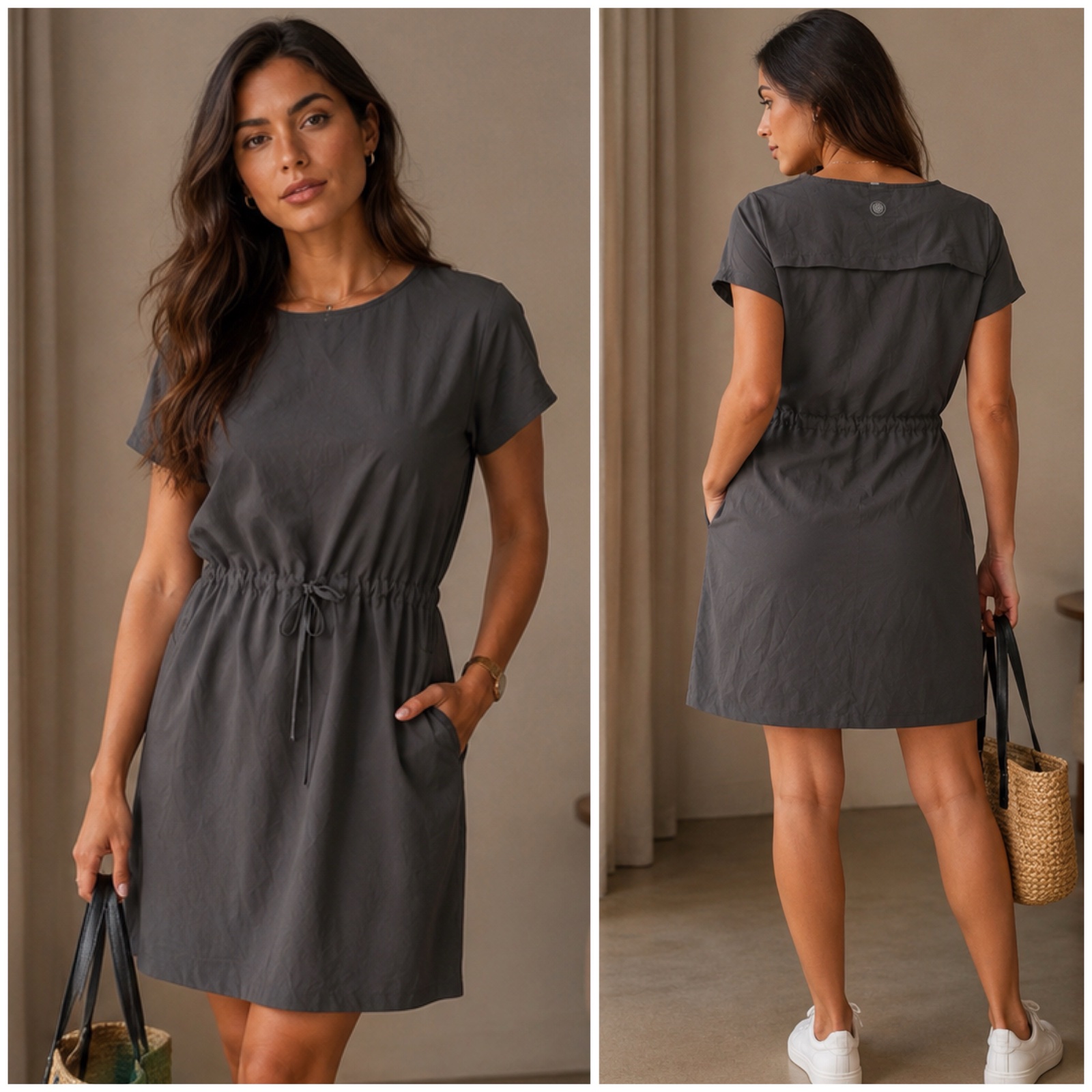 🍁✨ Robe CANADIANA Gris Anthracite Chic & Casual | Coupe Féminine • Taille Ajustable • Poches • Manches Courtes • Style Élégant & Confortable ✨🍁✨🌹