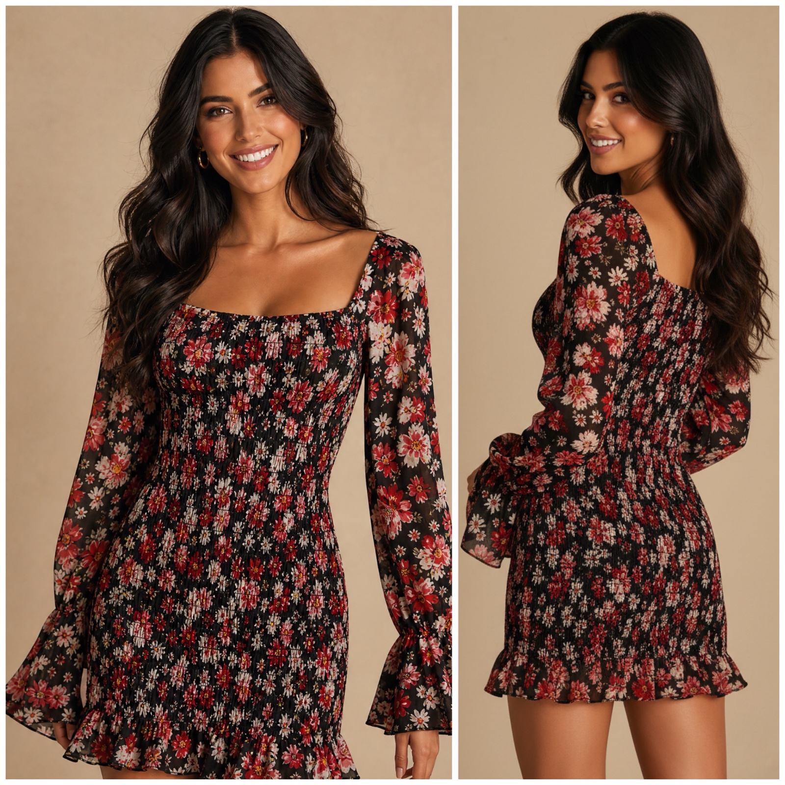 🌸 Robe Mini QUIZ London Fleurie Smockée & Volanté | Encolure Carrée + Manches Flared | Imprimé Marguerites & Roses sur Noir | Coupe Bohème Romantique Ultra Flatteuse | Taille 38/40 | État Parfait🥰🌹🔥🌸✨