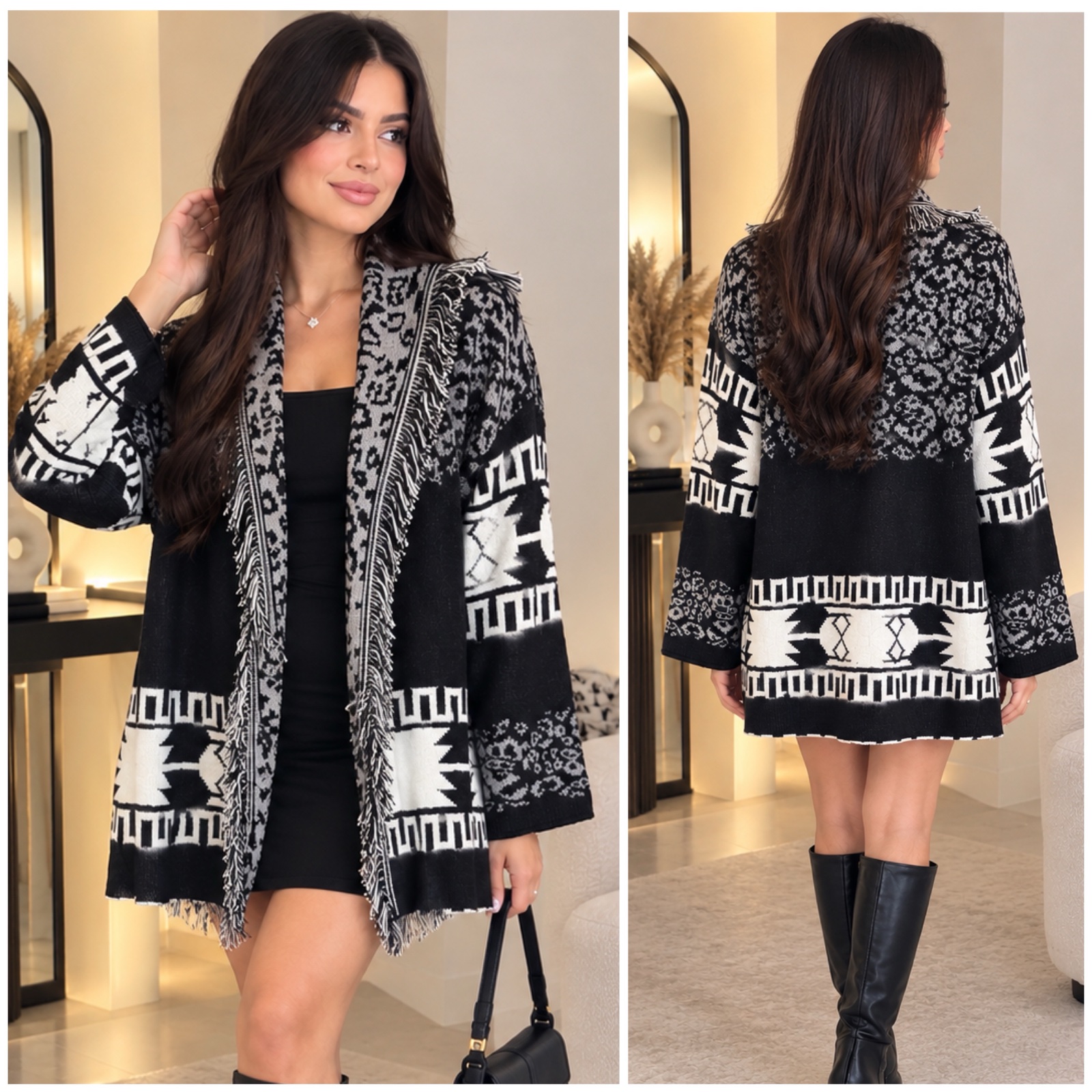 Magnifique Gilet Cardigan Noir & Blanc Made in Italy 🇮🇹 – Motifs Géométriques Chic, Franges & Maille Originale – Style Bohème/Élégant ✨🌹🔥✨🖤