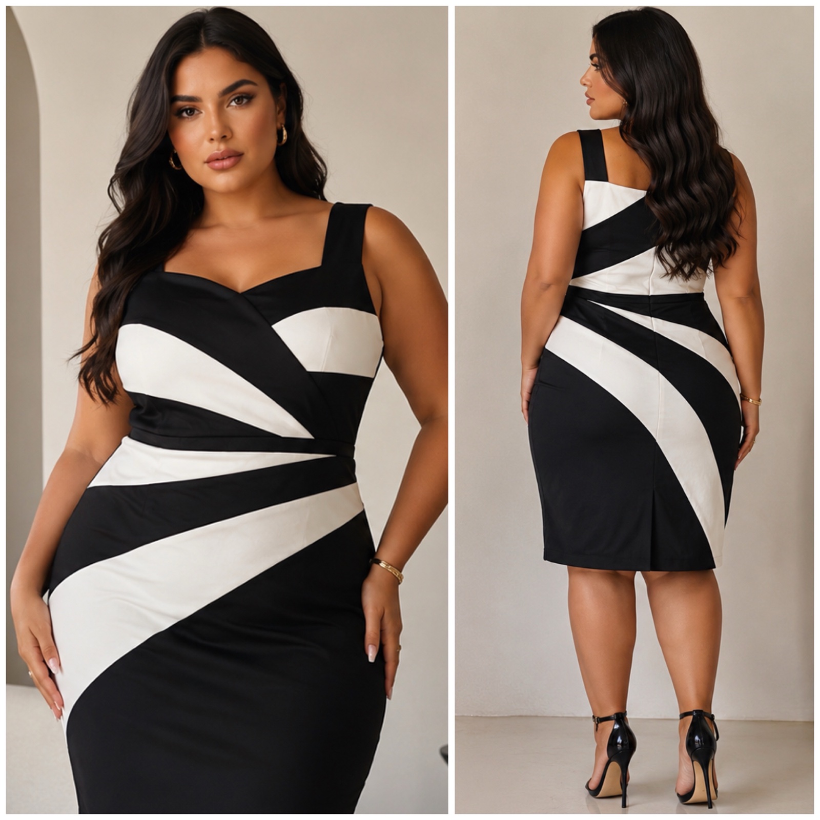 🌹🤍Robe élégante Berkertex noire et blanche à motifs graphiques – Coupe flatteuse grande taille – Style chic, sophistiqué et intemporel pour cérémonie, soirée, bureau ou événement🥰✨🔥🌹🤍🖤