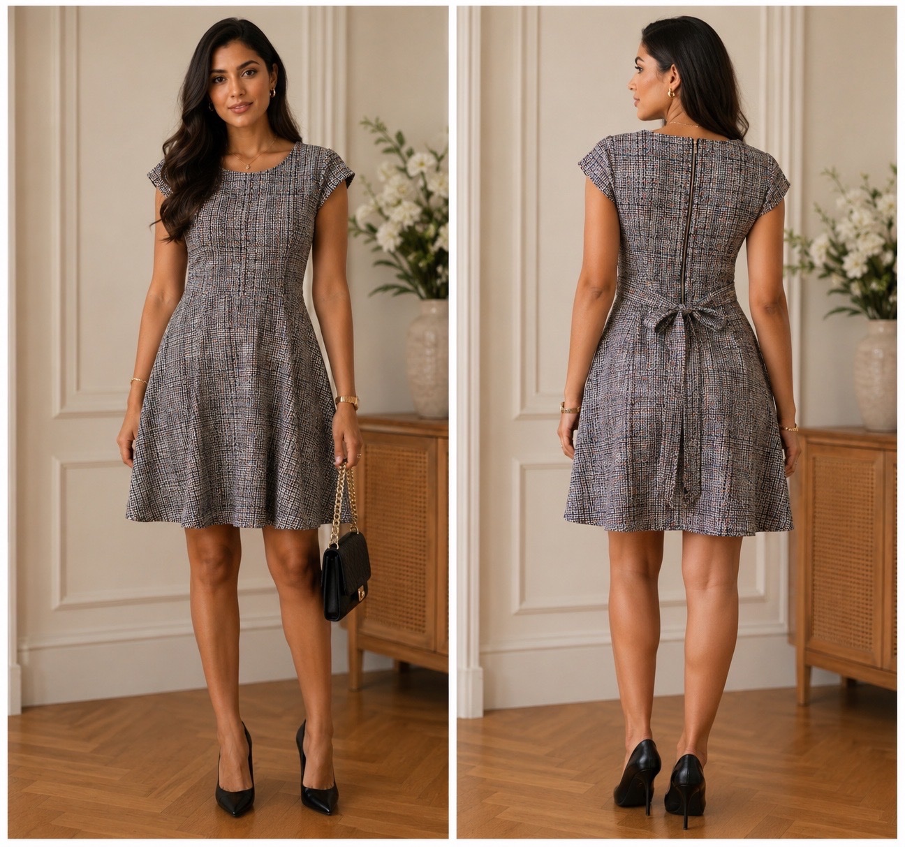 Robe Suzy Shier élégante effet tweed multicolore – Coupe féminine & chic – Taille XL/TG 🤍🖤✨