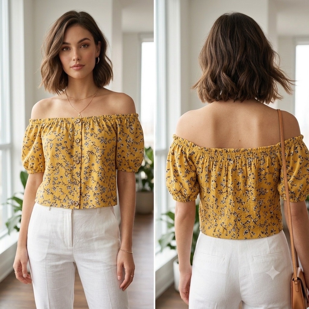 🌟 MAGNIFIQUE TOP BARDOT ÉPAULES DÉNUDÉES JAUNE MOUTARDE À FLEURS 🌻 | Marque Ardene Taille M | Imprimé Floral Romantique Chic, Manches Courtes & Boutons Décoratifs 🪵 | Style Bohème Été Tendance ✨