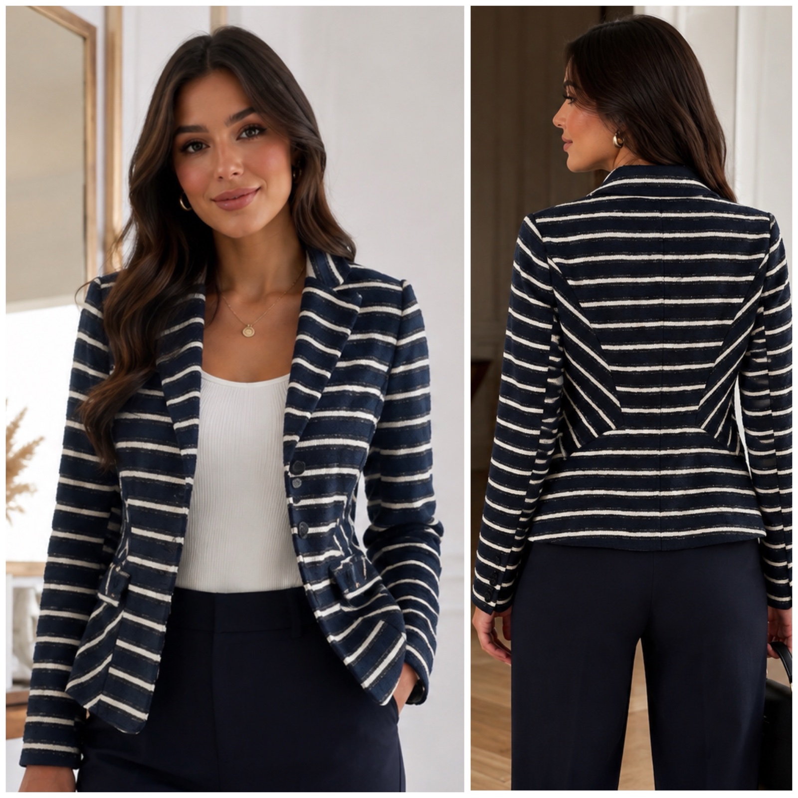 🌟 Magnifique Veste Blazer RENÉ LEZARD Bleu Marine & Blanc à Rayures – Coupe Chic et Élégante – Détails Couture Originaux – Taille 38 – Parfaite pour un Look Classy 🤍💙🥰✨🌹🔥