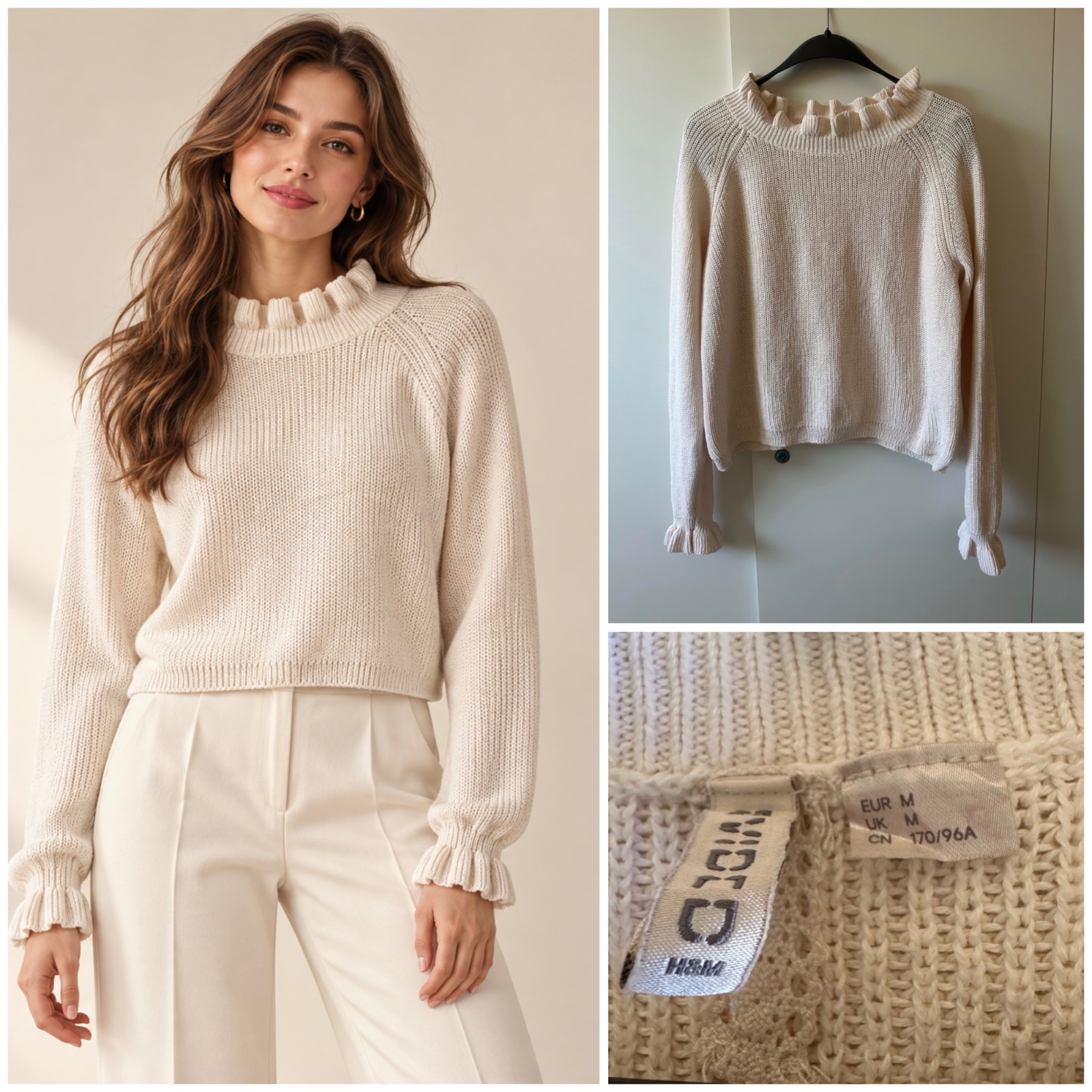 🤍✨ Pull H&M beige écru en maille douce et texturée, col montant volanté ultra féminin, manches longues avec poignets volantés – Style chic, cosy et élégant pour un look raffiné ✨🤍🔥