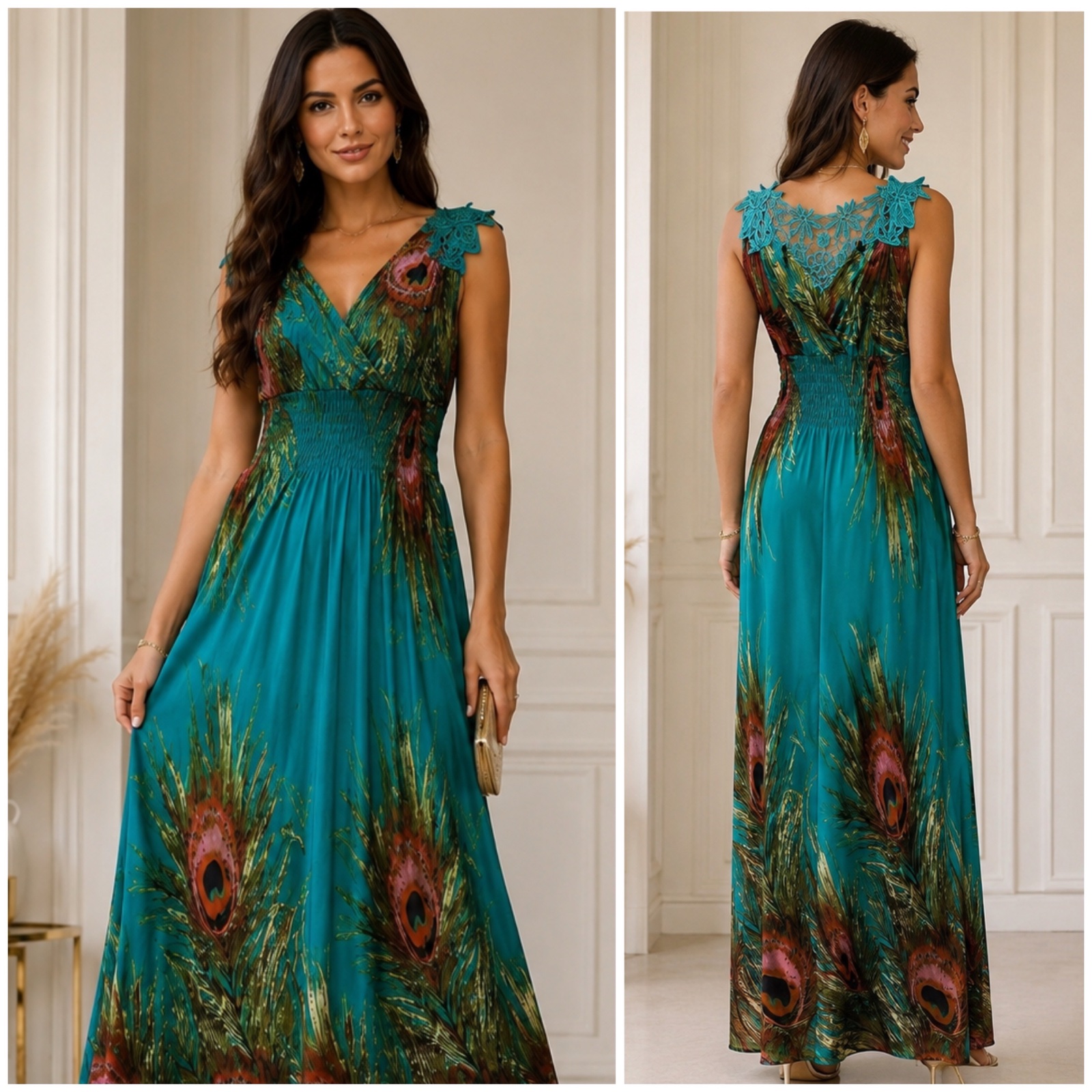Robe longue maxi turquoise imprimé plumes de paon – Dentelle florale raffinée aux épaules – Taille smockée ultra confortable – Élégante, fluide et féminine✨🥰🔥🩵🌸