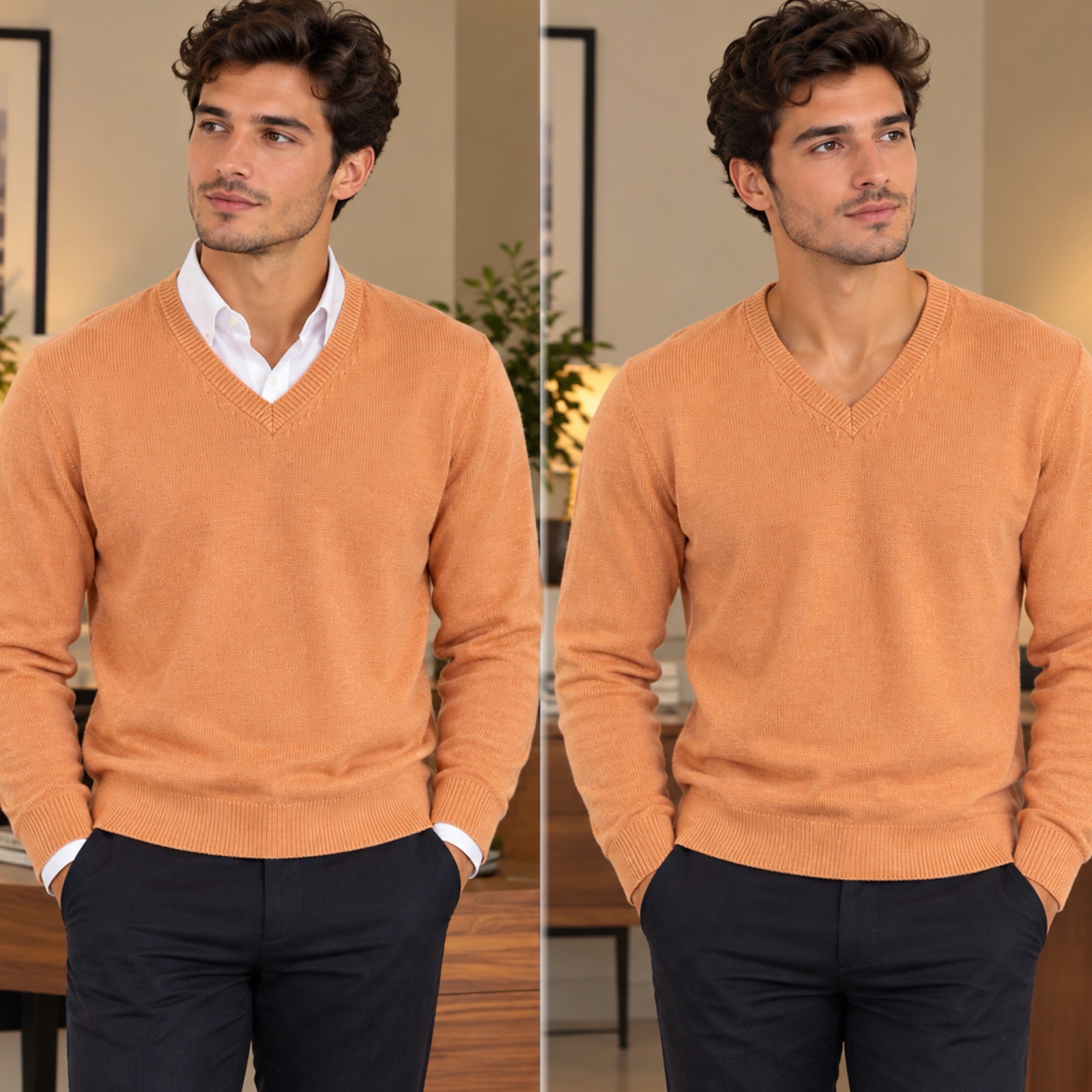 ✨ Pull Homme BROOKS BROTHERS Pima Cotton 100% Coton – Coloris Pêche/Orange Doux – Col V Élégant – Maille Fine & Confortable – Style Chic, Classique & Intemporel ✨🧡