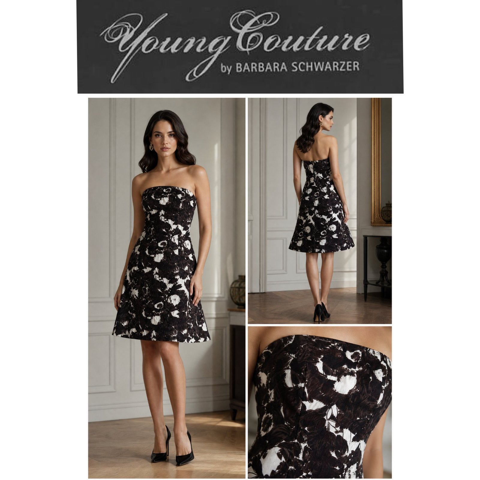 Robe Bustier Chic BARBARA SCHWARZER – Magnifique Motif Floral Marron & Blanc – État Neuf ✨🥰🌹✨🔥
