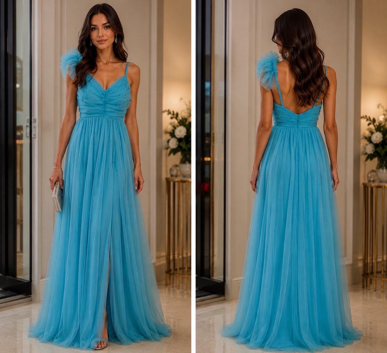 👑✨ Robe de Soirée Longue en Tulle Bleu Ciel Asymétrique à Fente Chic 🌟 Taille L ✨👗🌹🔥🌹🥰💞🔥🔥🔥🔥🔥
