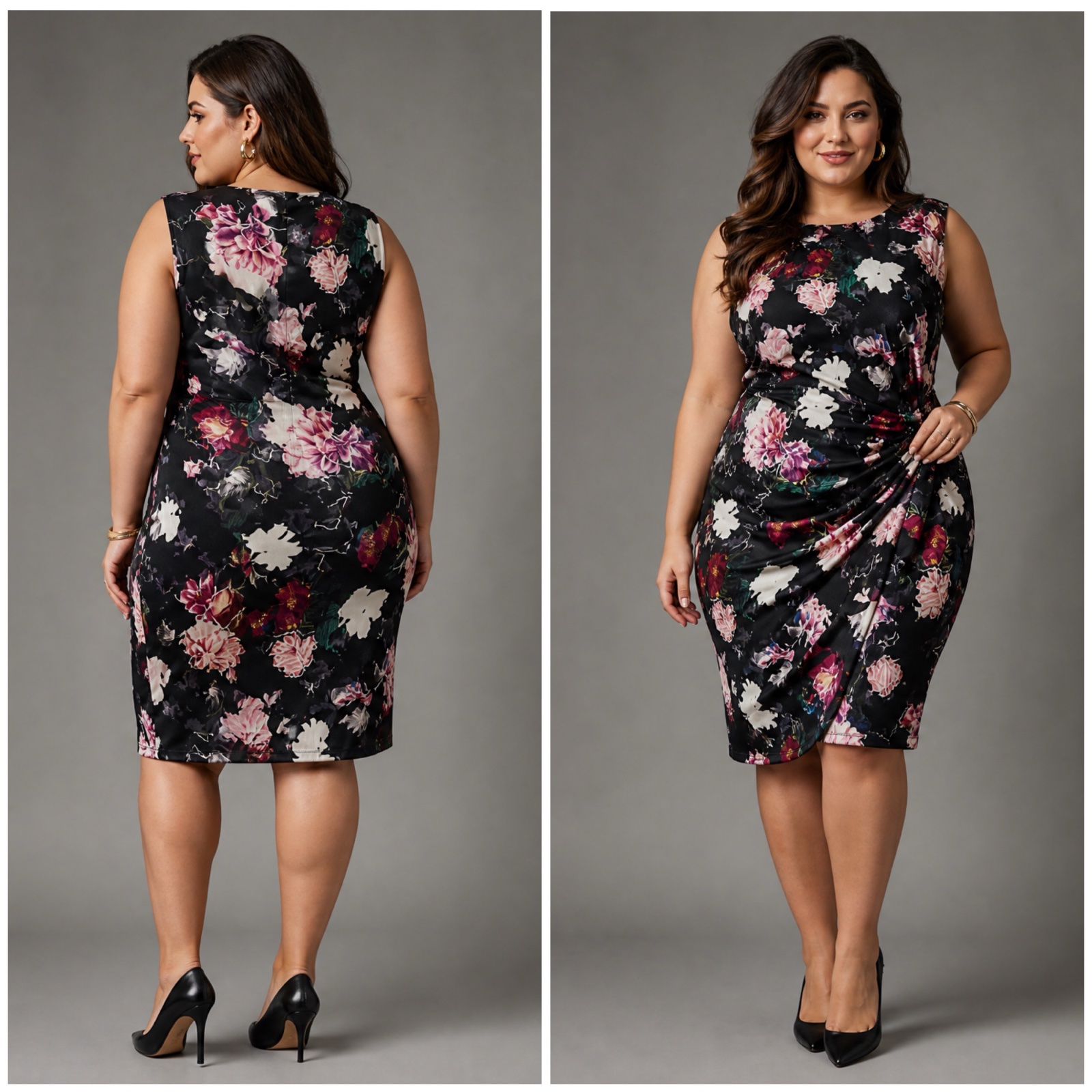 🌺 Robe Sans Manches Imprimé Floral – Effet Gainant & Drapé Taille – Excellent État 🌺🔥🌹✨💕🌸