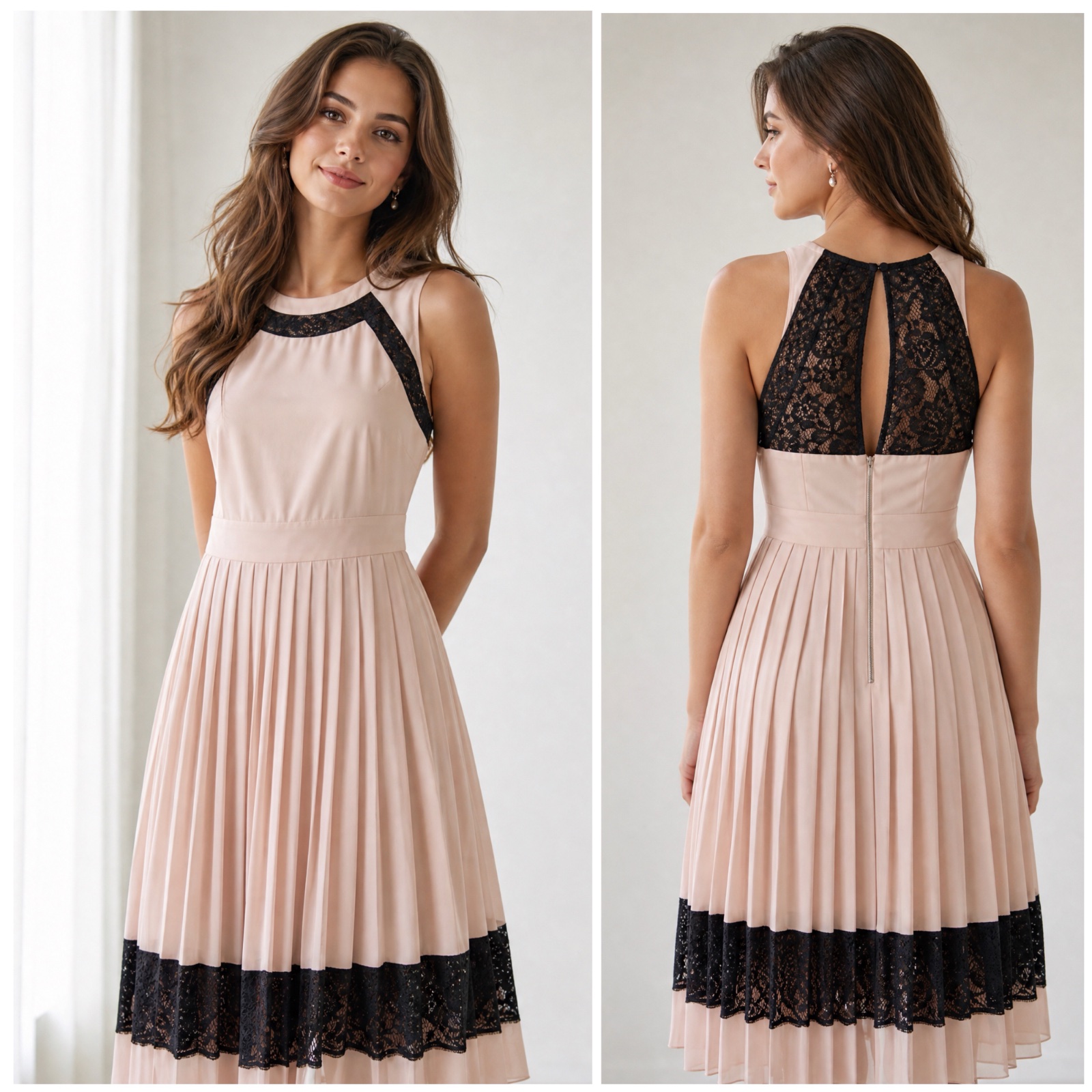 💎 Robe MYLENE KLASS rose poudré plissée 💕 Dentelle noire raffinée ✨ Coupe élégante & féminine 👗 Dos en dentelle 🤍 Parfaite pour mariage, fiançailles, soirée chic ou cérémonie 🌸🔥🥰✨🌸