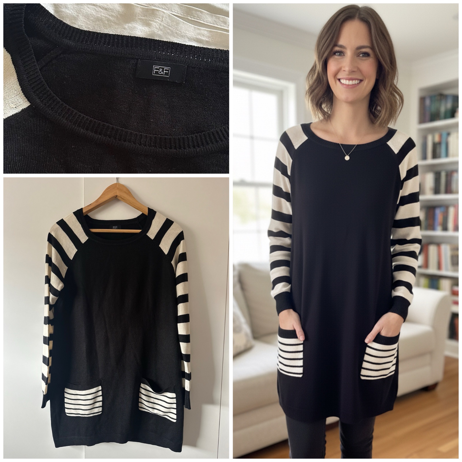 Pull long / Tunique F&F noir à manches rayées – 🌹