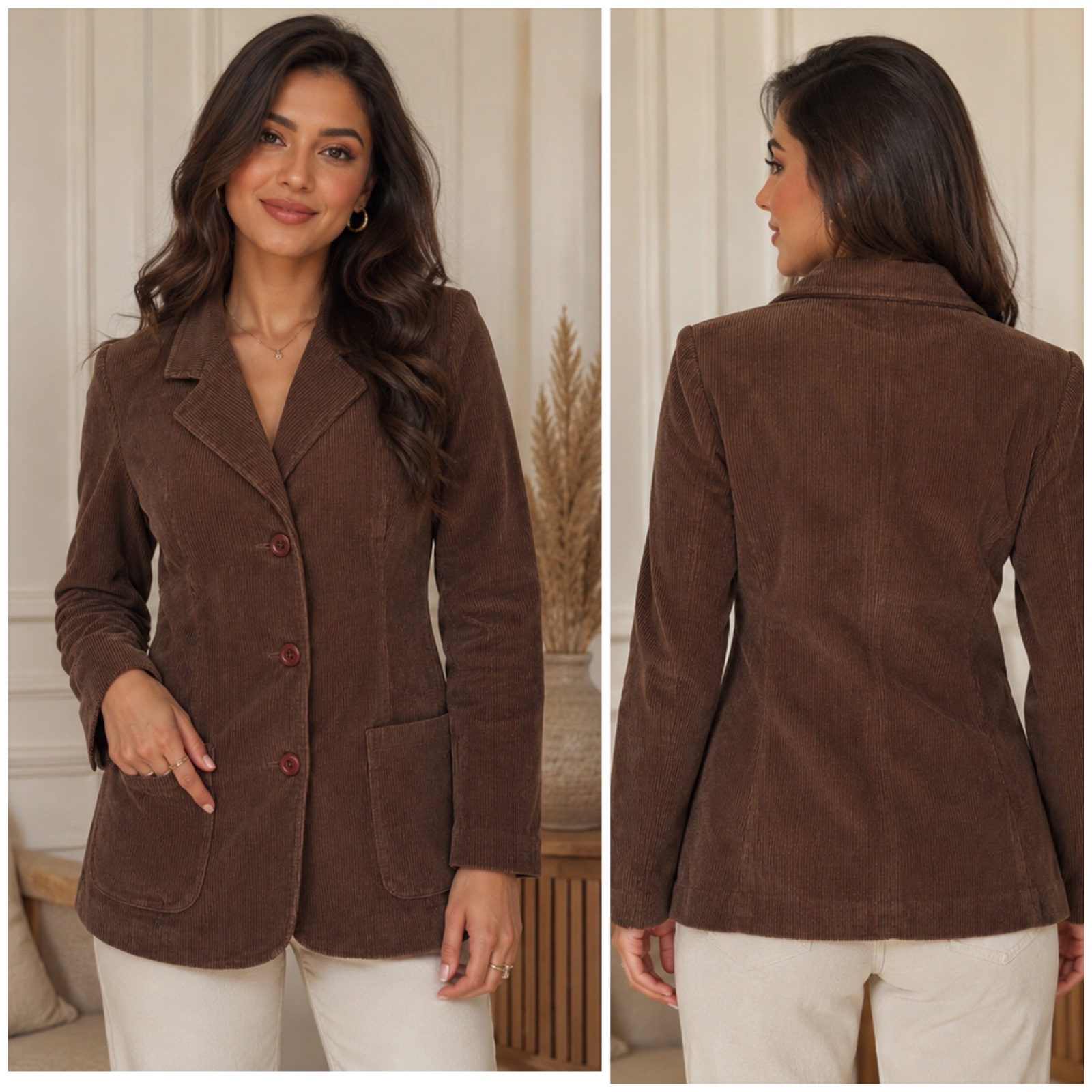 🤎✨ Blazer femme chic et élégant en velours côtelé marron – Coupe cintrée structurée, col tailleur, manches longues, fermeture boutonnée et grandes poches – Pièce intemporelle et raffinée✨🌹🥰🔥