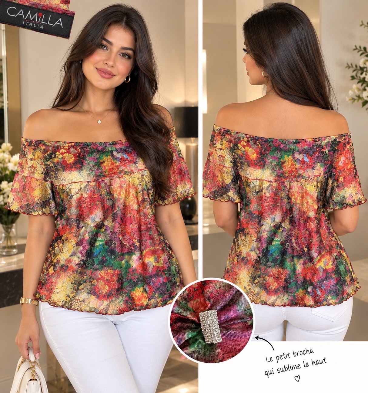 ✨🔥 ✨ Haut Camilla Italia 🇮🇹 Vintage Fleuri Multicolore – Pièce Originale & Rare – Col Bardot Épaules Dénudées – Broche Bijou ✨🌹🥰🔥🌸🧡