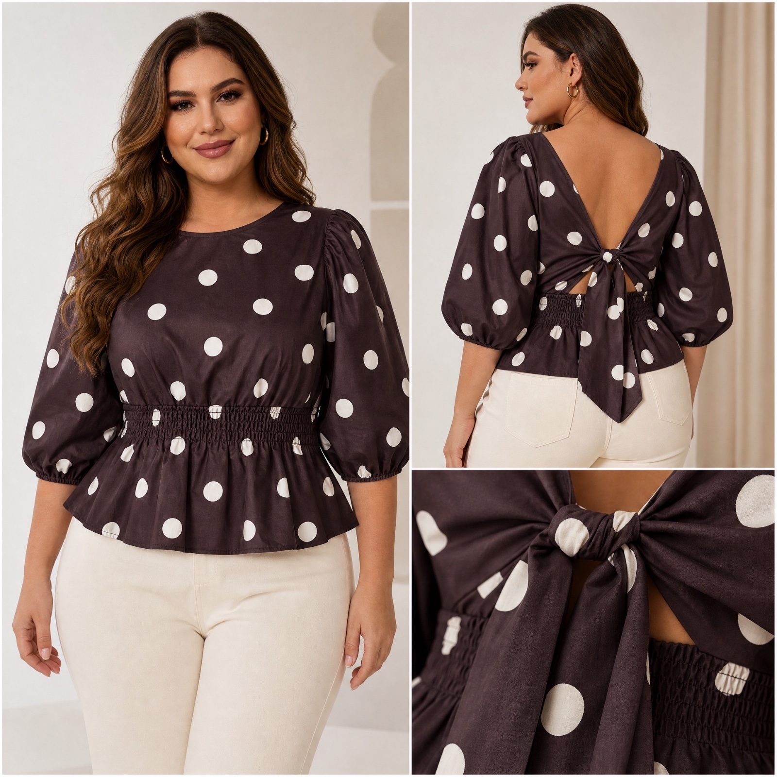 Haut Péplum Marron Chocolat à Pois Blancs – Dos Nu avec Noeud Élégant & Taille Élastique – Taille 0XL (44/46)🤎🌹🔥