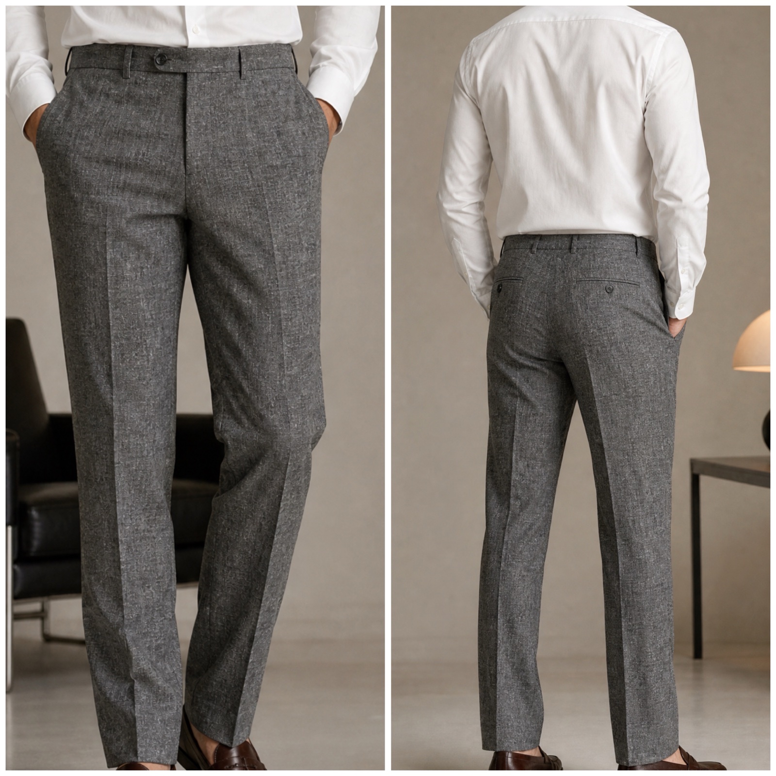  💼 Magnifique Pantalon de Costume Gris Chiné 🩶 Coupe Droite & Tailoring Raffiné 👔 Style Luxe / Business Casual 🌟 Tissu Texturé de Haute Qualité 💎 Idéal pour le Travail, Cérémonie ou Sortie Élégante 🩶 Poches Arrière Boutonnées 👔 État Impeccable ✨ 