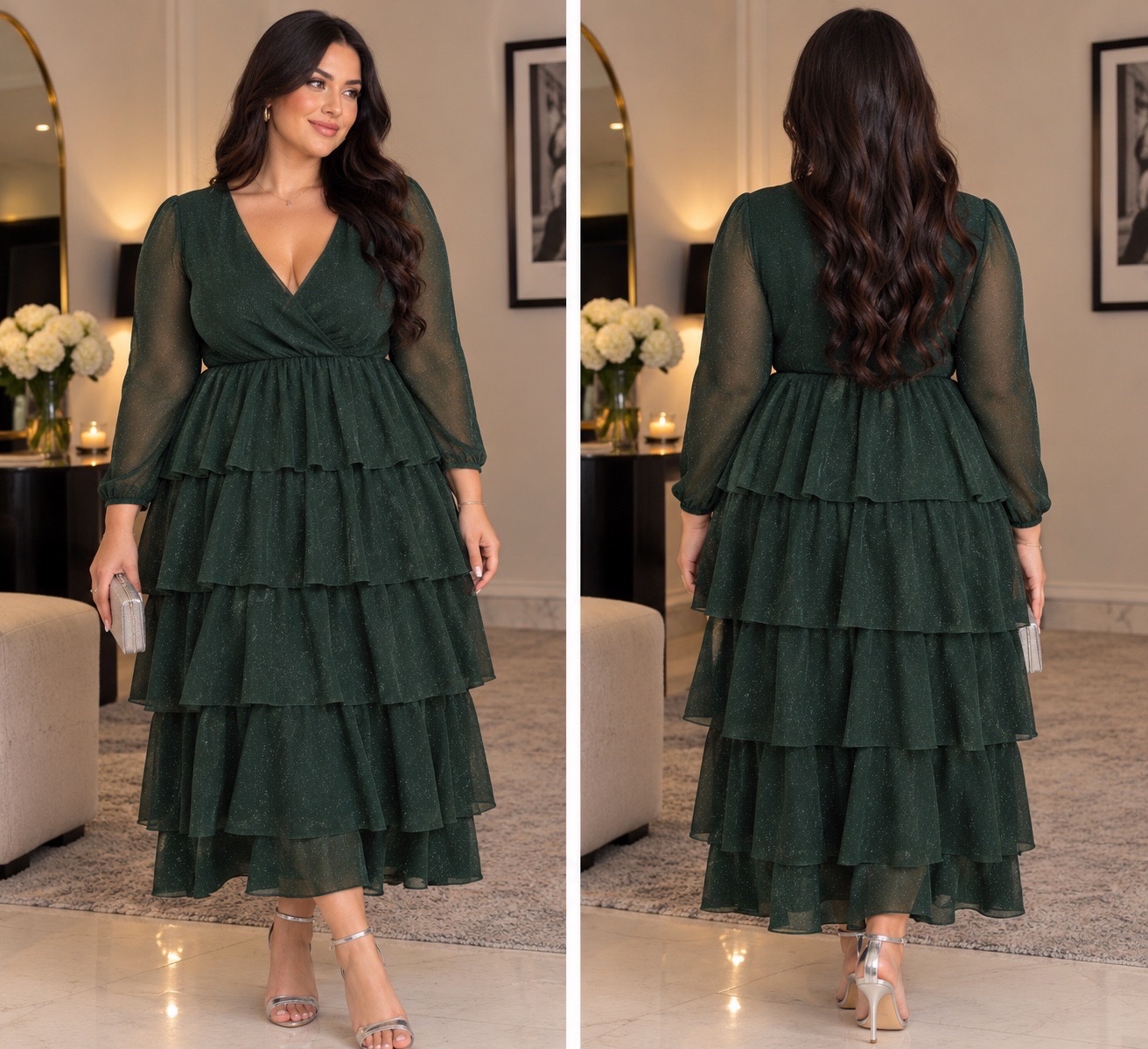 💚 ✨🌲 Sublime Robe SHEIN Curve Vert Émeraude Pailletée – Coupe Portefeuille Féminine & Volants Superposés – Manches et Dos Légèrement Transparants – Longueur Mi-Mollet – Chic & Élégante ✨👗🔥🌹✨💚🥰