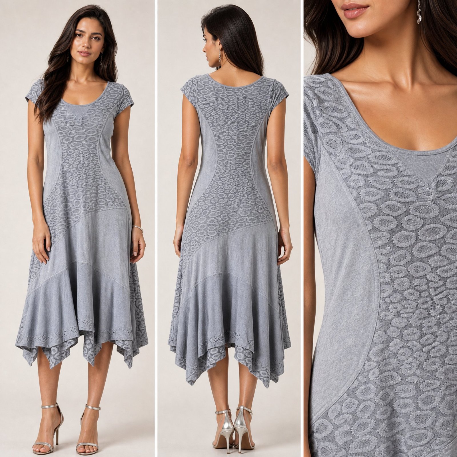 🎀 💎 Robe fluide asymétrique BiBA gris bleuté à volants, motifs dentelle & détails strass 💎🔥✨🌹🌸🔥