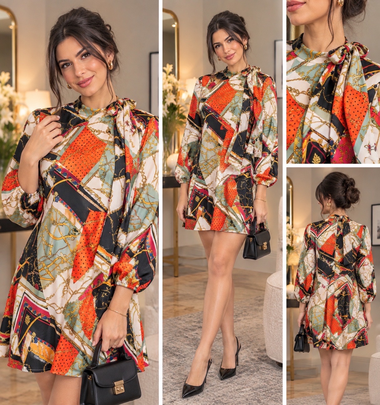 🔥🧡 Robe imprimée bohème chic multicolore • Motifs chaînes & fleurs • Manches longues • Coupe élégante & féminine ✨🧡🤎🔥🌹