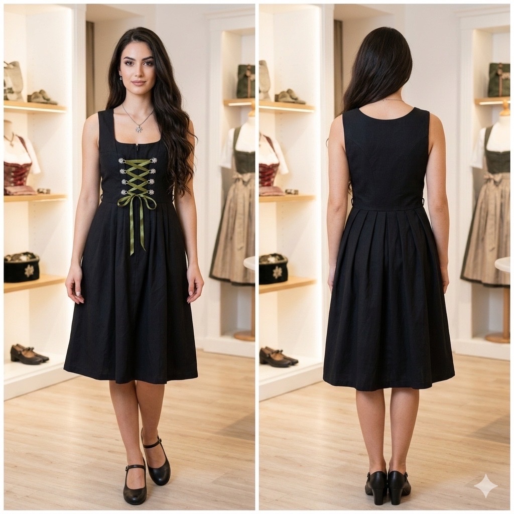Robe Dirndl Autrichienne Noire Alptrachten Authentique – Style Vintage Chic & Corset Lacet Vert – 🔥🔥💞🌹🥰🖤