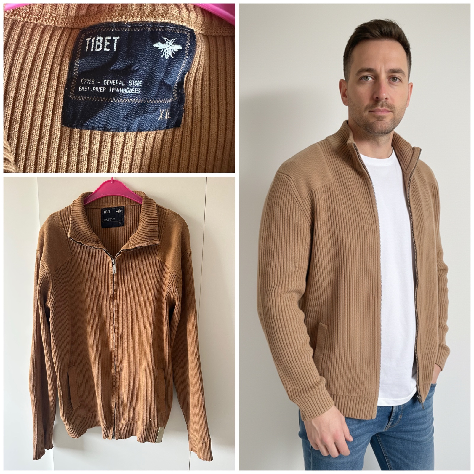 🧥 Gilet Cardigan Zippé "TIBET" – 100% Coton – Taille XXL🤎
