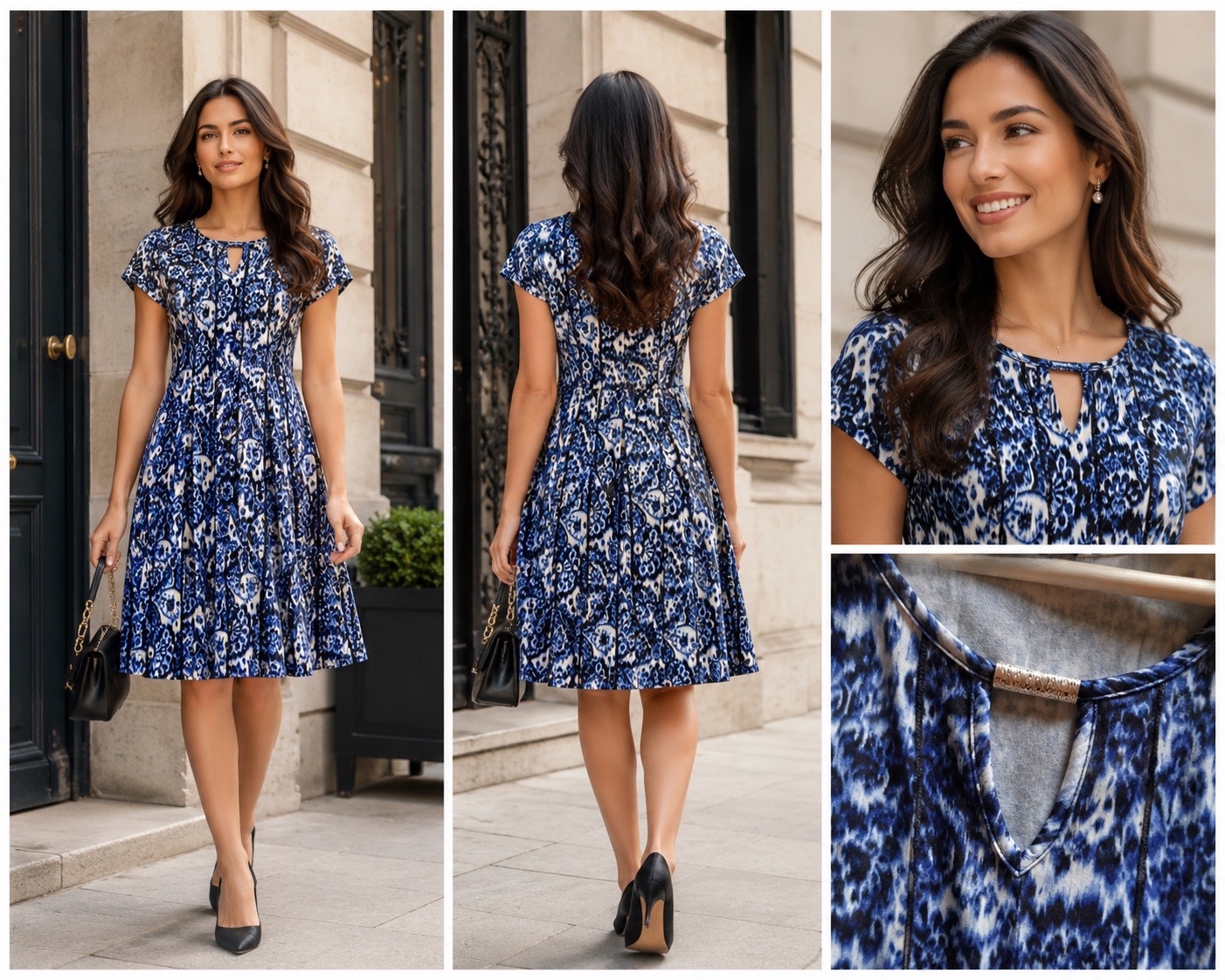 ✨ Robe élégante Sami & Jo bleu & blanc à imprimé raffiné, coupe cintrée avec jupe évasée flatteuse, longueur jusqu’aux genoux et détail argenté chic au col – parfaite pour un look féminin, classe et sophistiqué en toute occasion ✨💙✨🔥🌹
