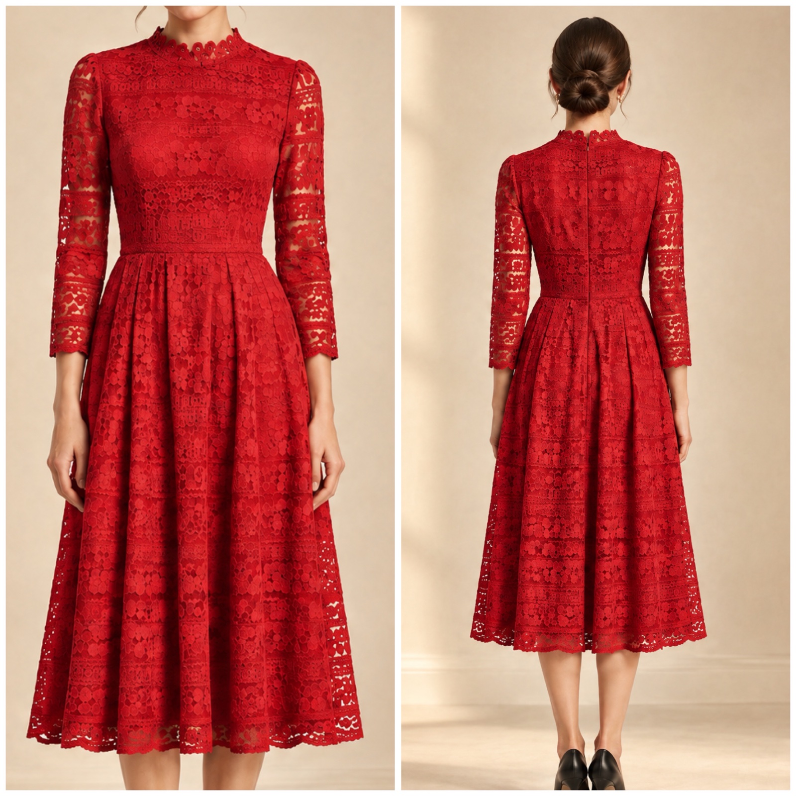 ✨❤️ Magnifique robe rouge élégante en dentelle raffinée – coupe féminine et romantique,col montant délicat, taille cintrée, jupe midi évasée, idéale pour soirée, mariage, cérémonie ou fête – Anna Field, taille 36 ❤️✨