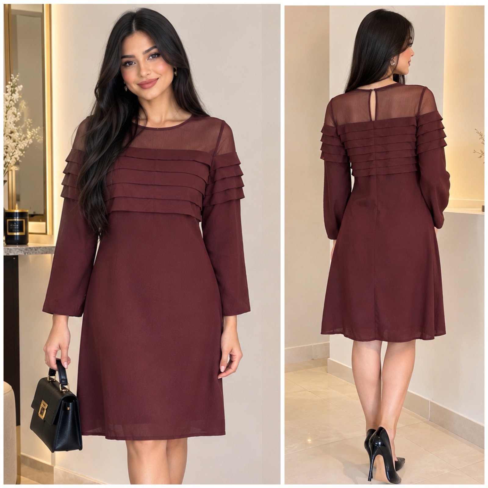 🔥 ✨ Robe MORGAN Bordeaux Prune Élégante • Manches Longues • Jolie Transparence Délicate aux Épaules • Détails Volantés Plissés • Coupe Évasée Féminine • Chic & Raffinée ✨🌹🥰🔥