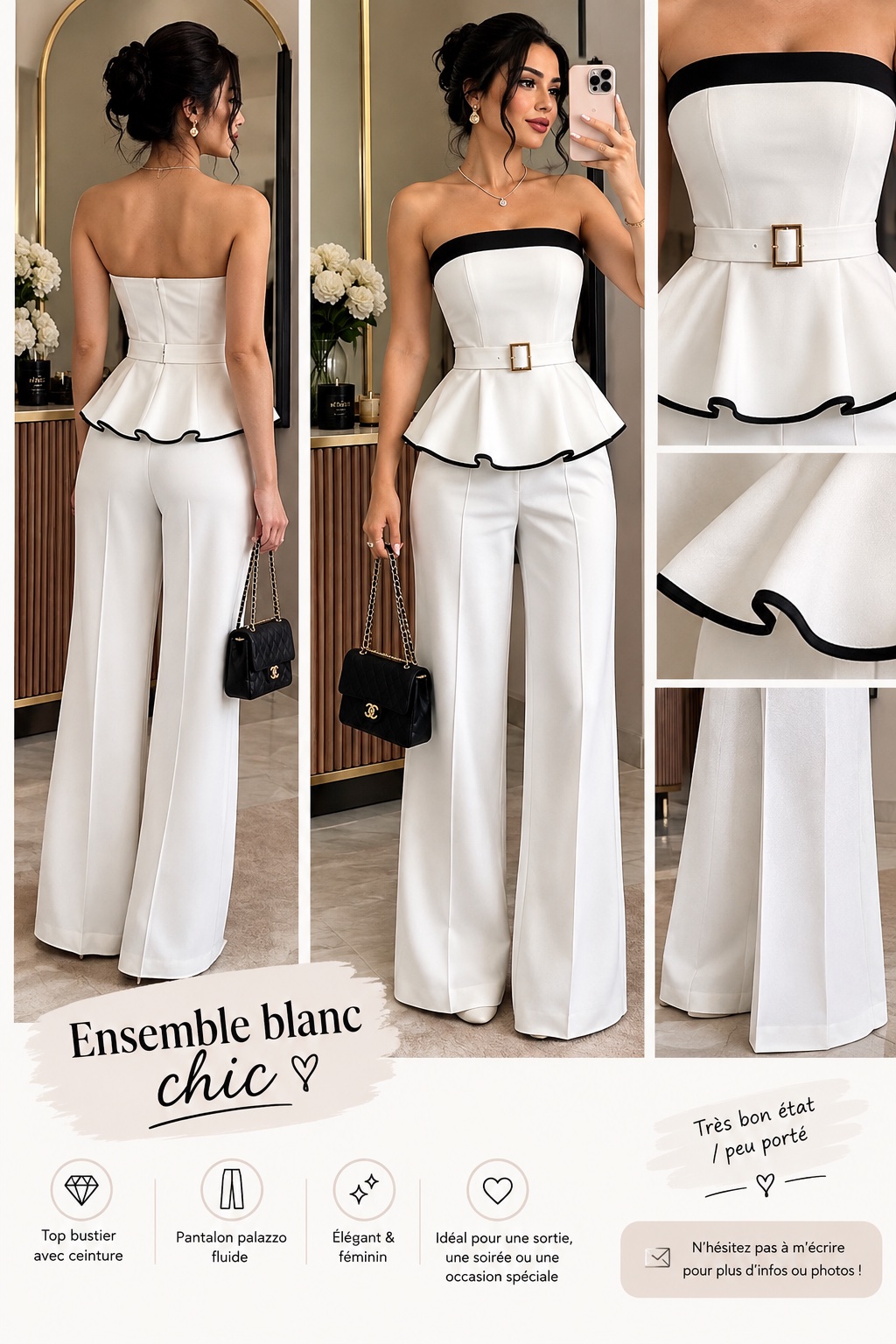 Ensemble blanc chic – Top bustier + pantalon palazzo