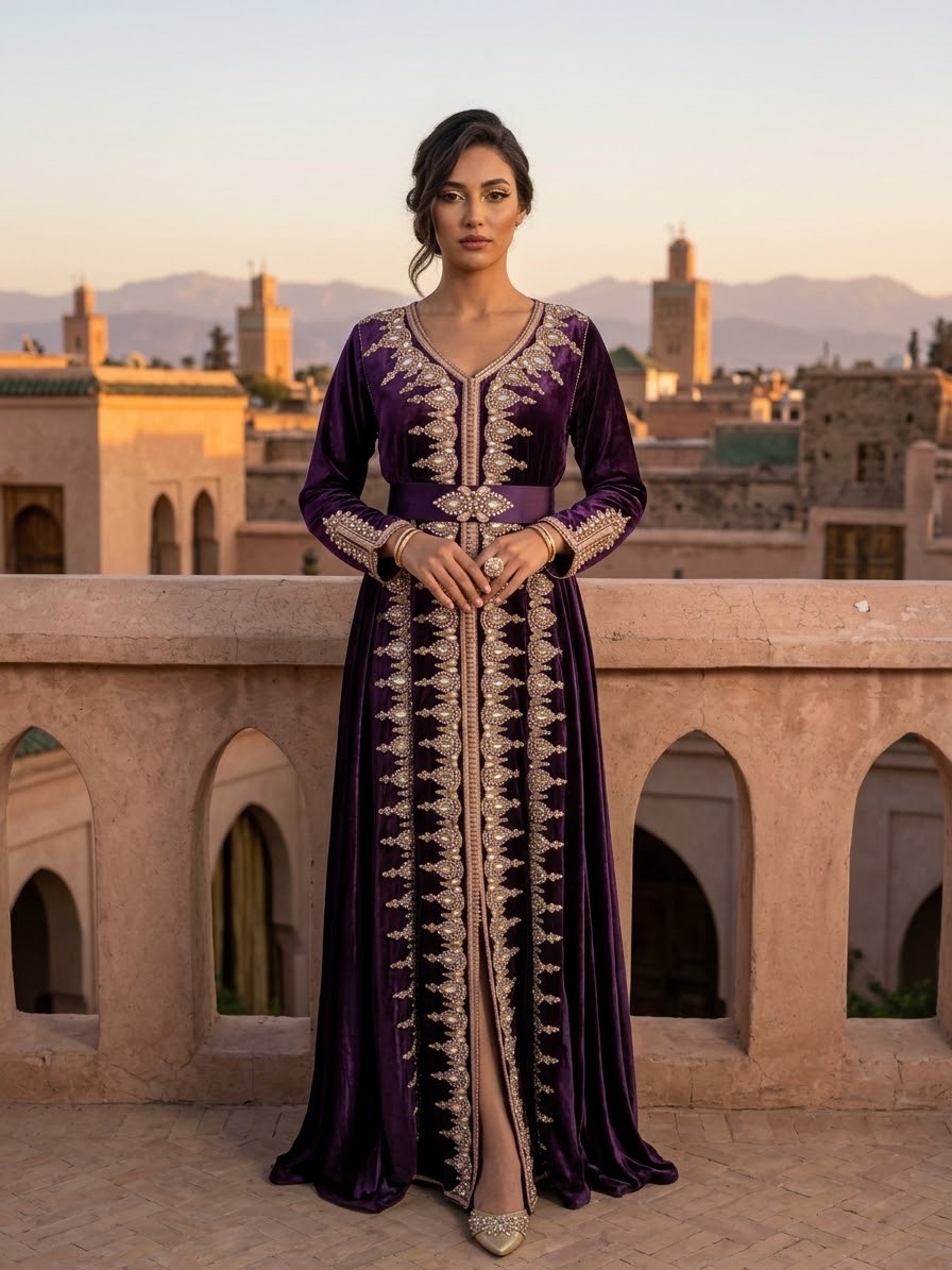 Splendide caftan violet en velours brodé et strass
