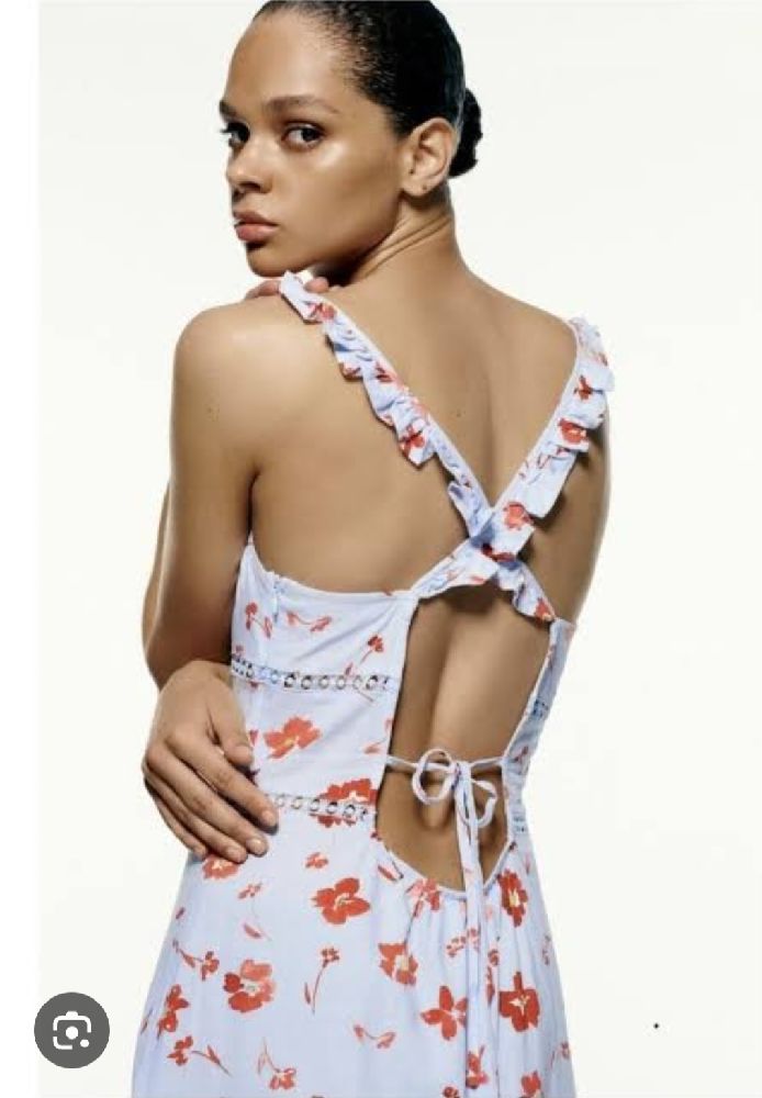 Zara Printed Linen Blend cross back floral midi dress Blue 