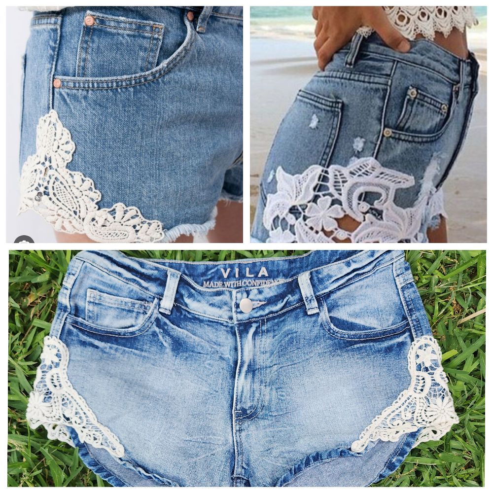 Short jean avec détail en dentelle blanc 