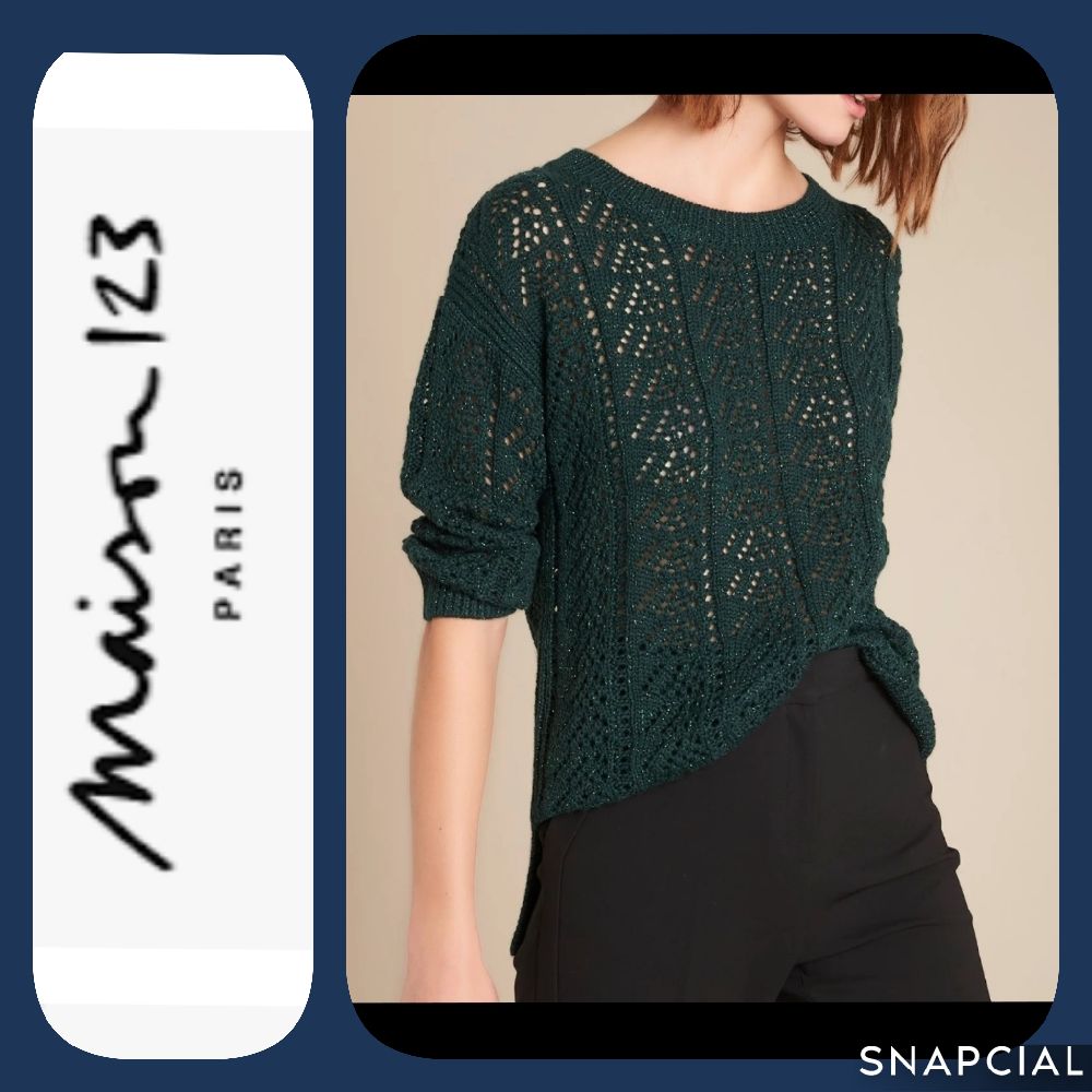 Pull ajouré maison 123 Paris 47% laine, manches 3/4, joil vert avec un fil pailleté 
