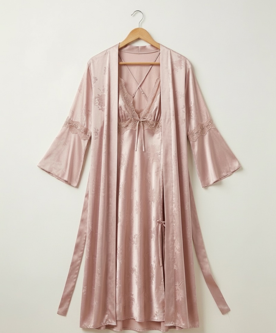 Made in Turkey: Ensemble nuisette & robe de chambre en satin rose poudré 🌸