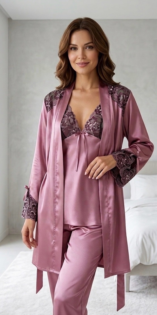Ensemble de Nuit 3 Pièces en Satin Vieux Rose