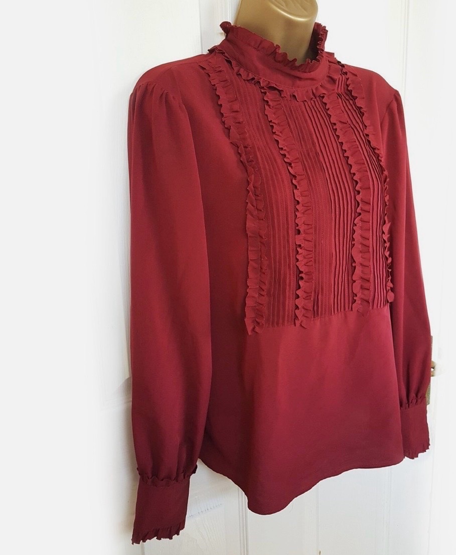 ZARA Burgundy Red Frilly Fronted High Neck BlousE