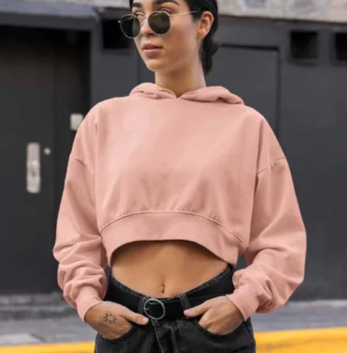 Cotton plain peach croop hooded sweatshirt 