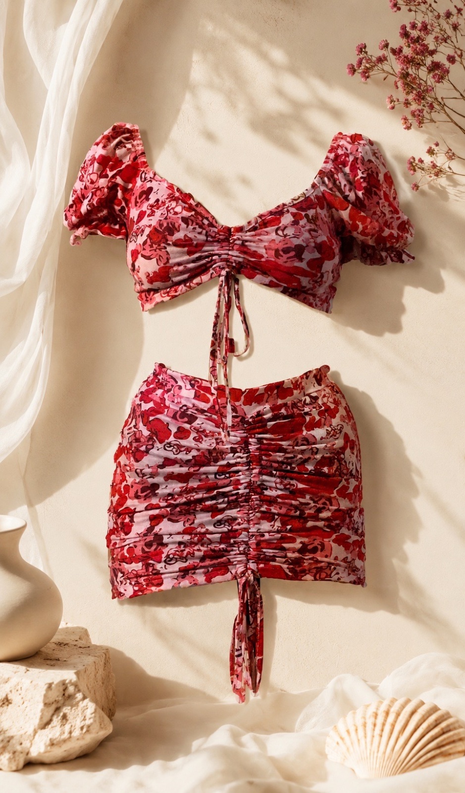 Ensemble 2 Pièces Fleuri Rose & Rouge – Crop Top à Manches Bouffantes + Jupe Froncée Ajustable