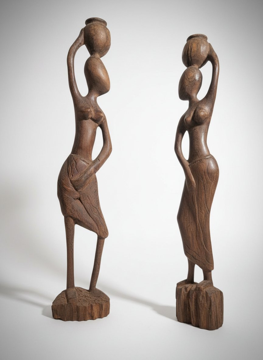 Élégantes sculptures artisanales en bois représentant deux femmes africaines portant des jarres sur la tête. 