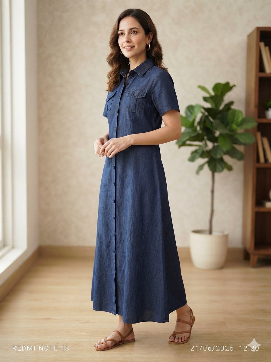Robe-chemise longue en denim neuf